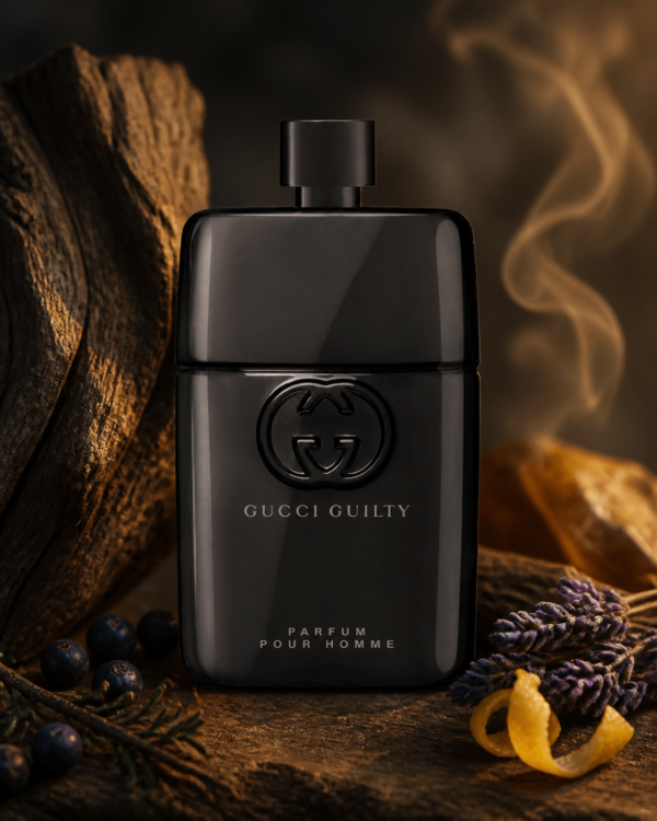 Gucci Guilty Pour Homme Parfum 90ml in a woody aromatic autumn evening setting