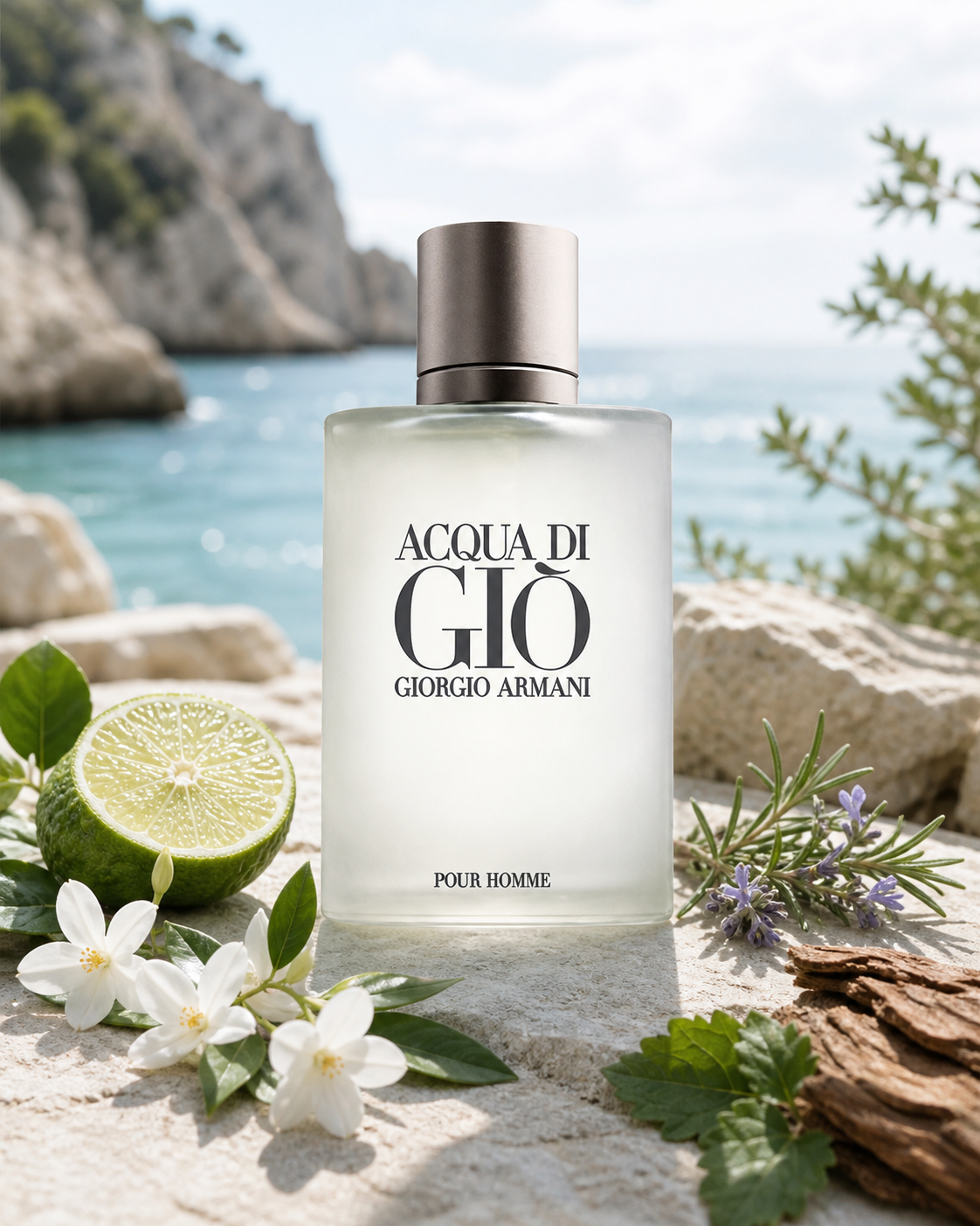 GIORGIO ARMANI ACQUA DI GIO (M) EDT 100ml fragrance bottle in a scent-inspired setting