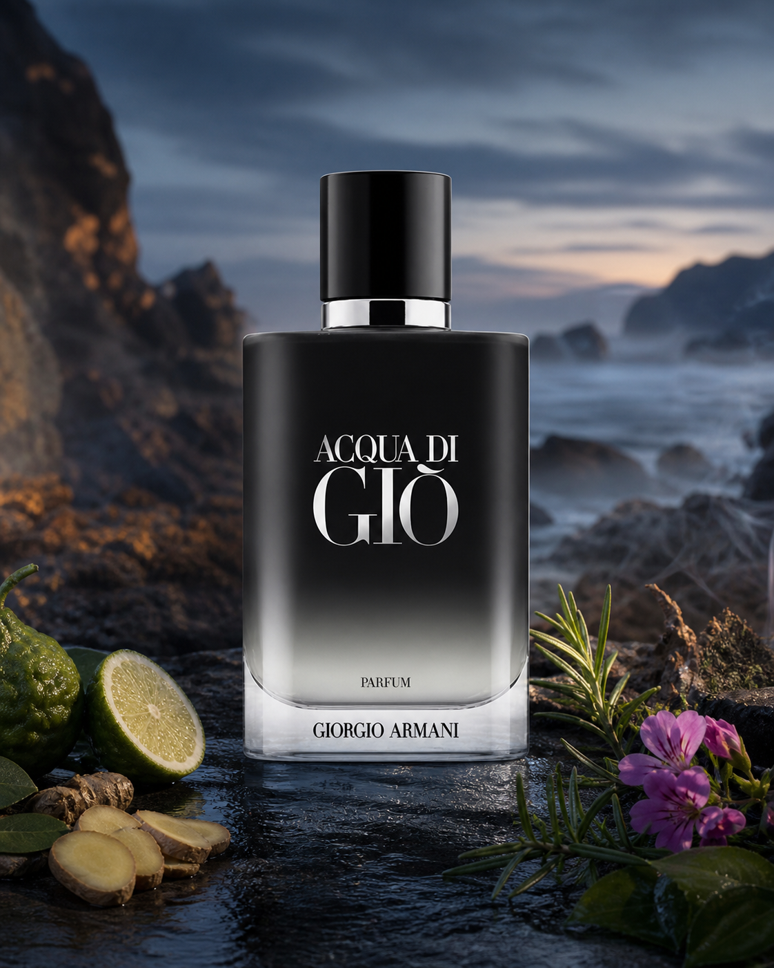 GIORGIO ARMANI ACQUA DI GIO (M) PARFUM 100ml fragrance bottle in a scent-inspired setting