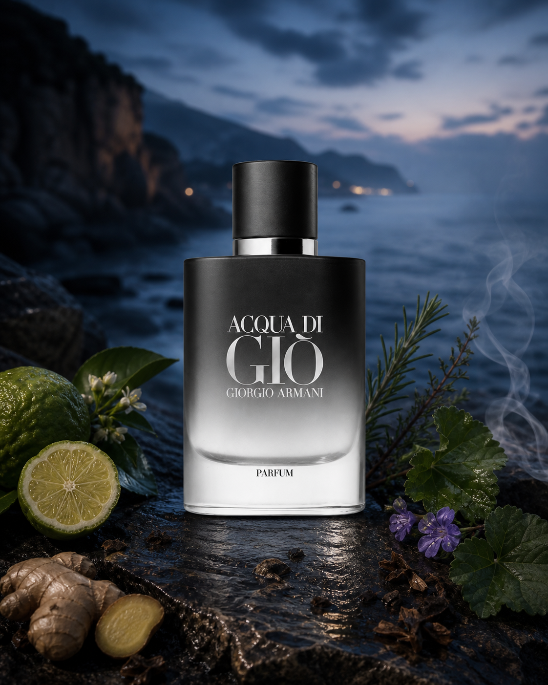 GIORGIO ARMANI ACQUA DI GIO (M) PARFUM 75ml fragrance bottle in a scent-inspired setting