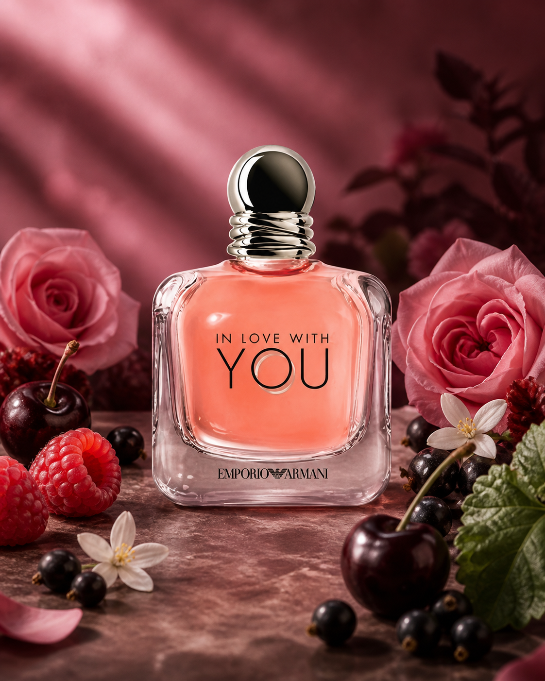 GIORGIO ARMANI IN LOVE WITH YOU POUR FEMME EDP 100ml fragrance bottle in a scent-inspired setting