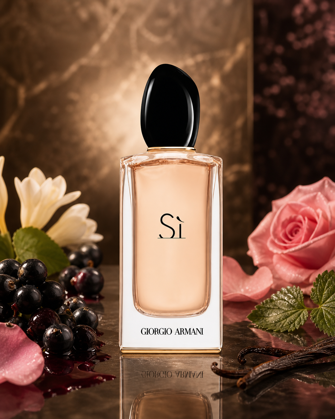 GIORGIO ARMANI SI EDP 100ml fragrance bottle in a scent-inspired setting