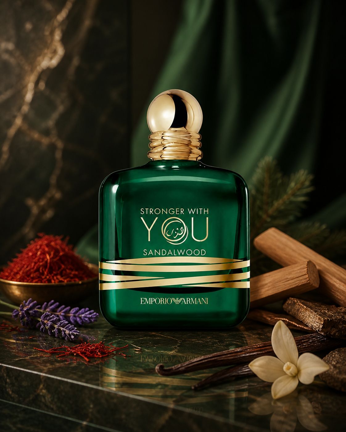 GIORGIO ARMANI STRONGER WITH YOU SANDALWOOD EDP 100ml fragrance bottle in a scent-inspired setting