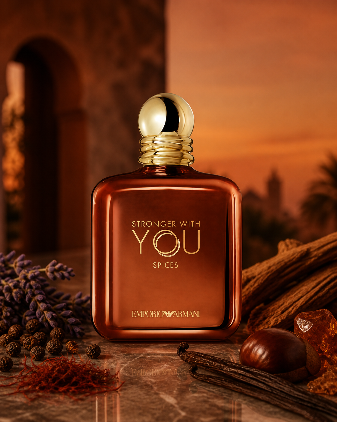 GIORGIO ARMANI STRONGER WITH YOU SPICES EDP 100ml fragrance bottle in a scent-inspired setting