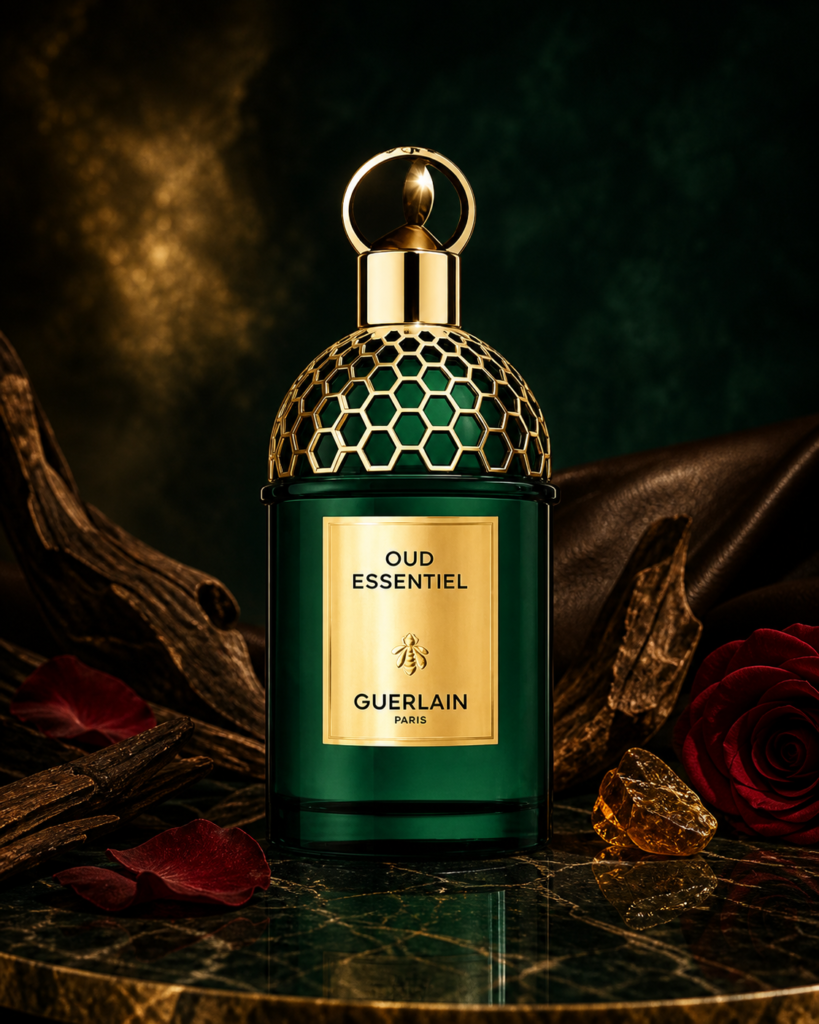 GUERLAIN ABSOLUS AllEGORIA OUD ESSENTIEL EDP 125ml fragrance bottle in a scent-inspired setting