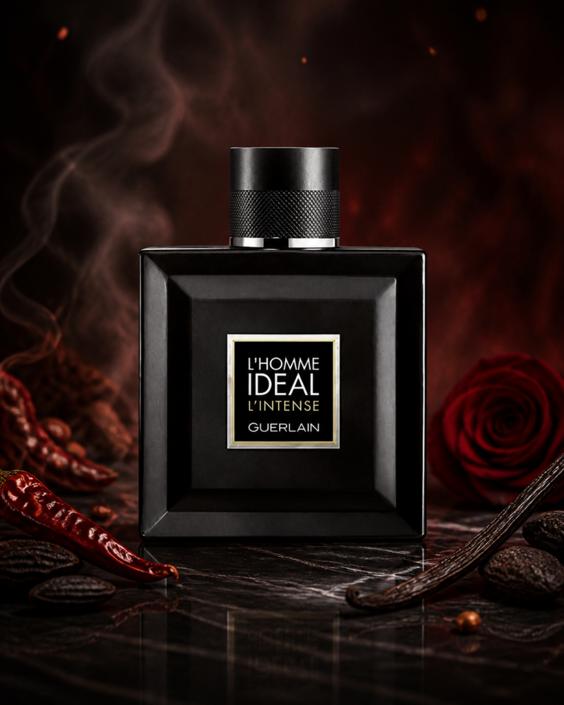 GUERLAIN Lâ€™HOMME IDEAL Lâ€™INTENSE EDP 100ml fragrance bottle in a scent-inspired setting