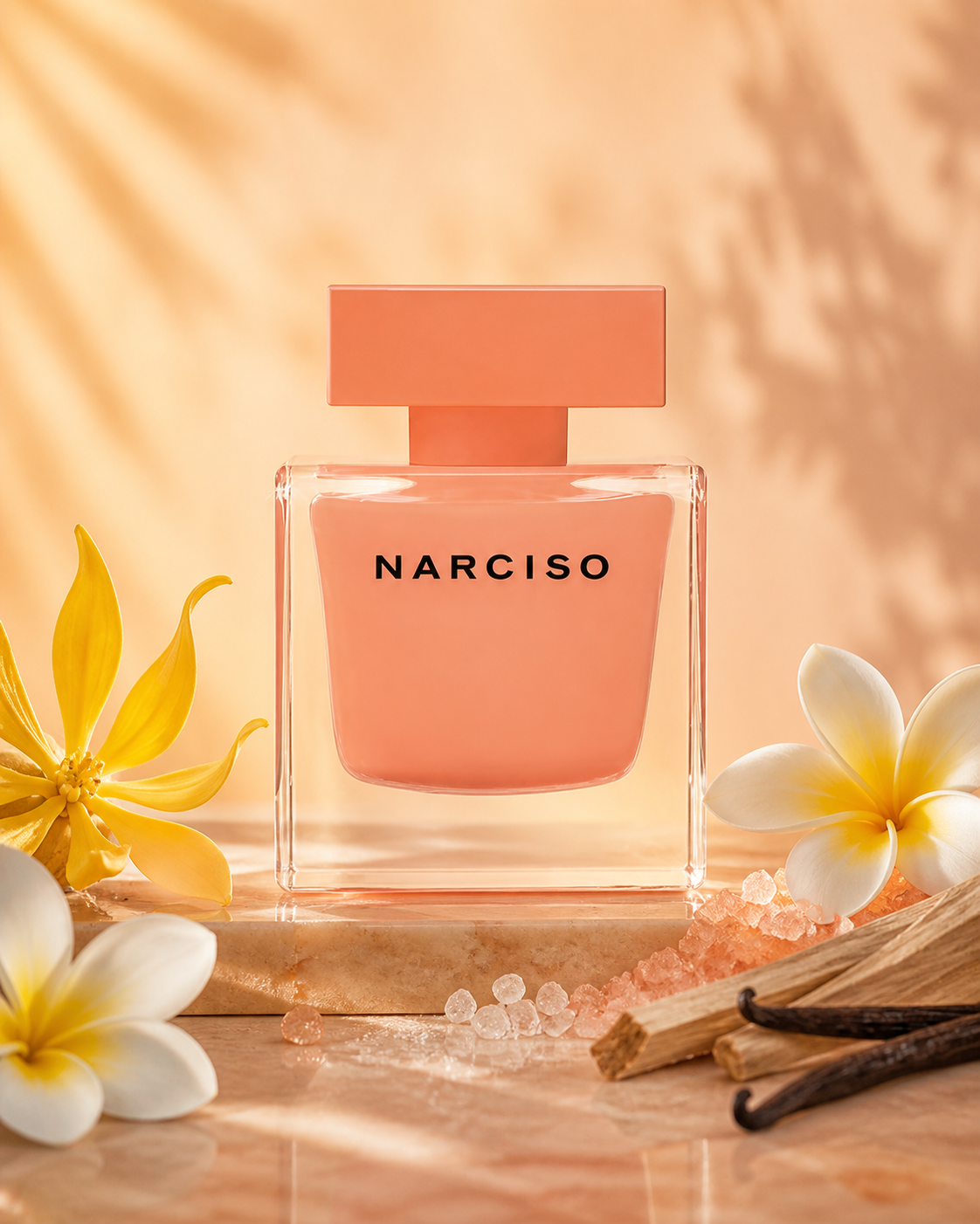 NARCISO RODRIGUEZ AMBREE EDP 90ml fragrance bottle in a scent-inspired setting