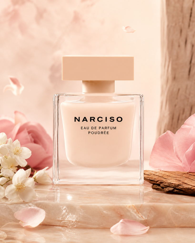 NARCISO RODRIGUEZ POUDREE EDP 90ml fragrance bottle in a scent-inspired setting