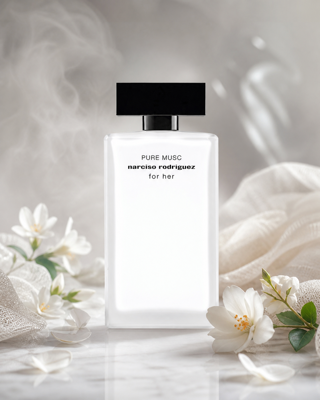 NARCISO RODRIGUEZ PURE MUSC FOR HER EDP 50ml fragrance bottle in a scent-inspired setting