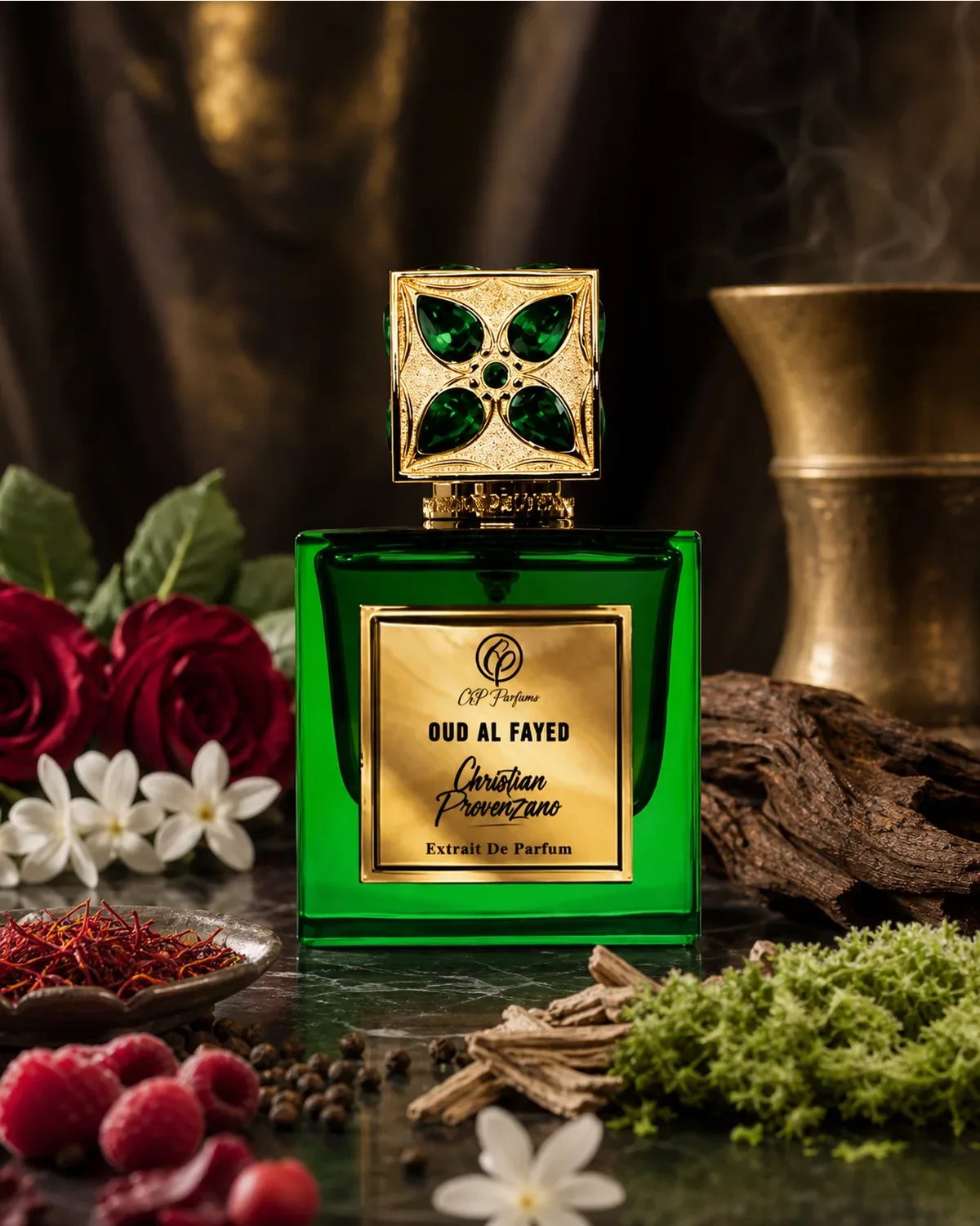 CHRISTIAN PROVENZANO OUD AL FAYAD EXTRAIT DE PARFUM 100ml fragrance bottle in a scent-inspired setting