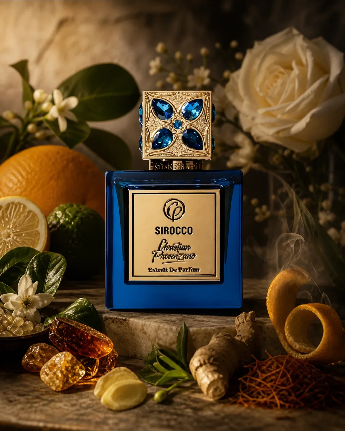 CHRISTIAN PROVENZANO SIROCCO EXTRAIT DE PARFUM 100ml fragrance bottle in a scent-inspired setting