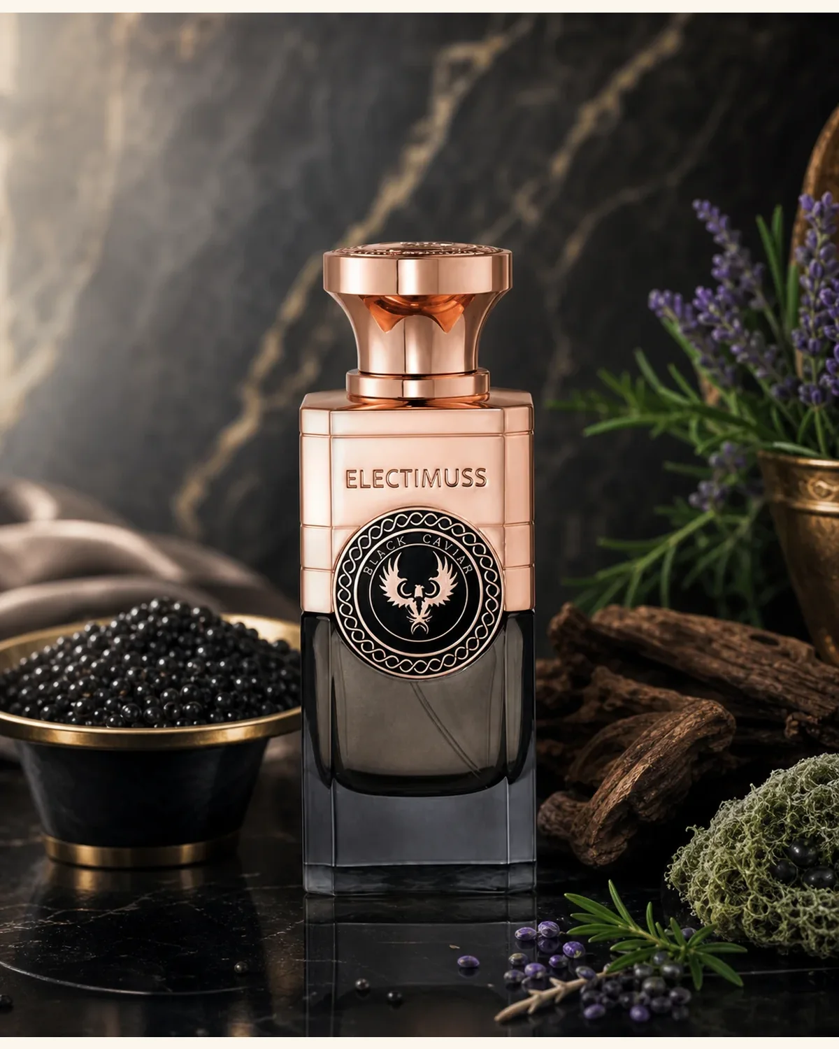 ELECTIMUSS BLACK CAVIAR PURE PARFUM 100ml fragrance bottle in a scent-inspired setting