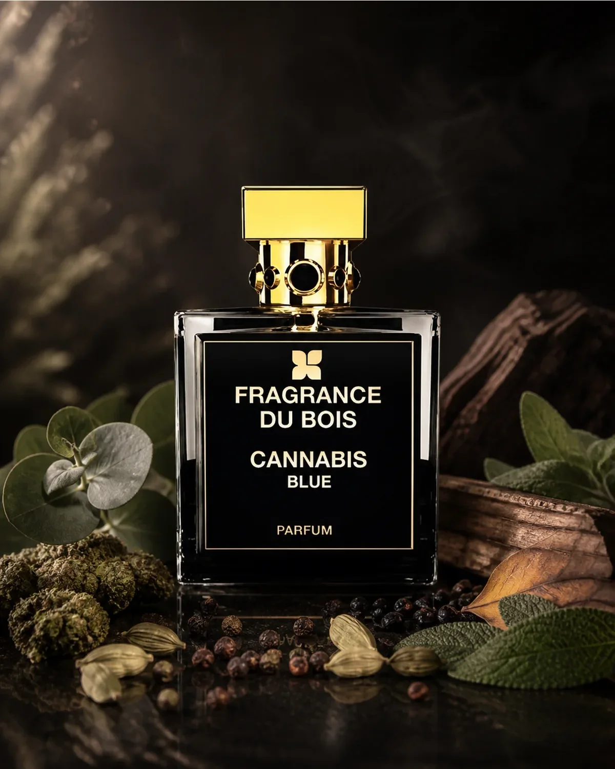 FRAGRANCE DU BOIS CANNABIS BLUE PARFUM 100ml fragrance bottle in a scent-inspired setting