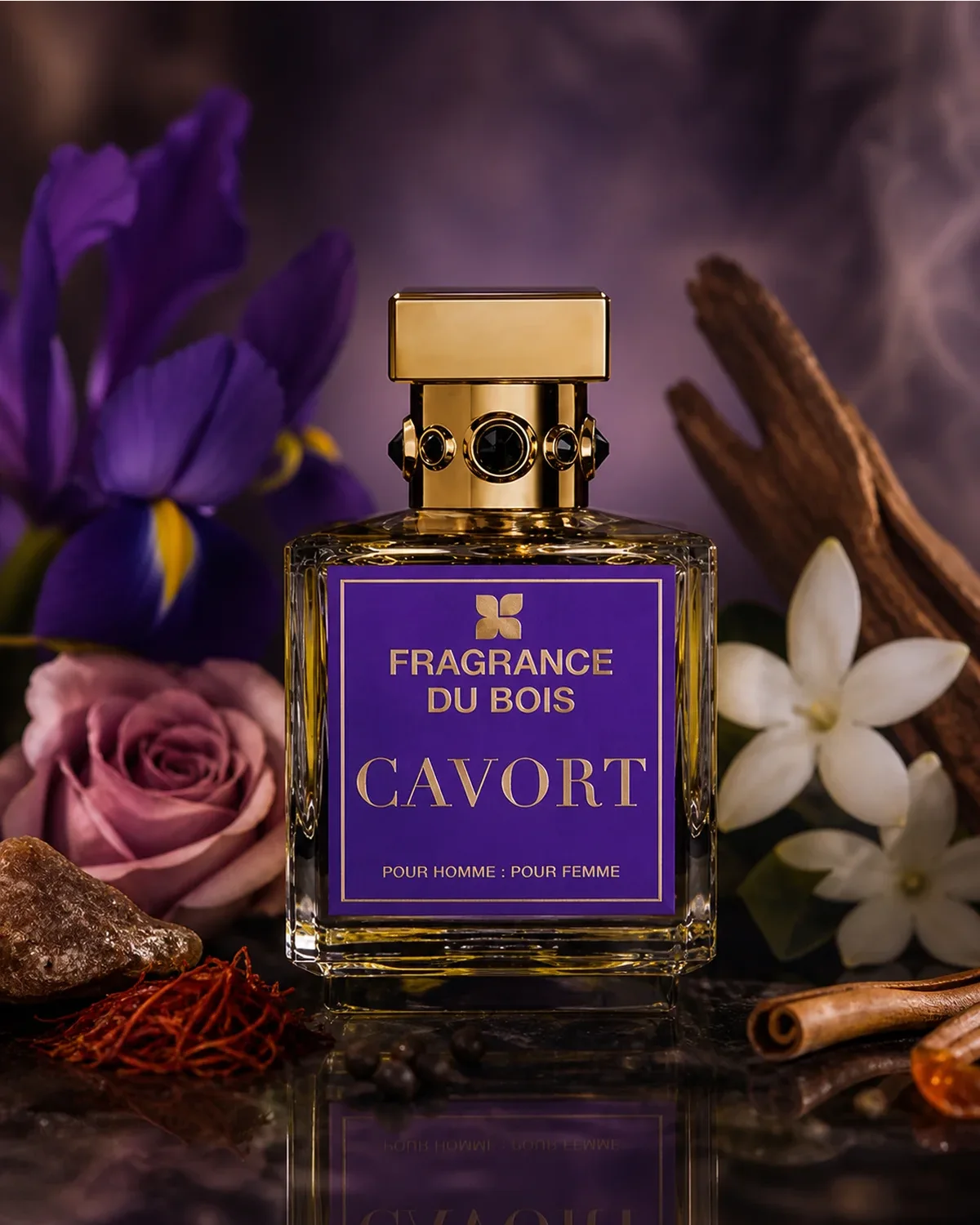 FRAGRANCE DU BOIS CAVORT PARFUM 100ml fragrance bottle in a scent-inspired setting