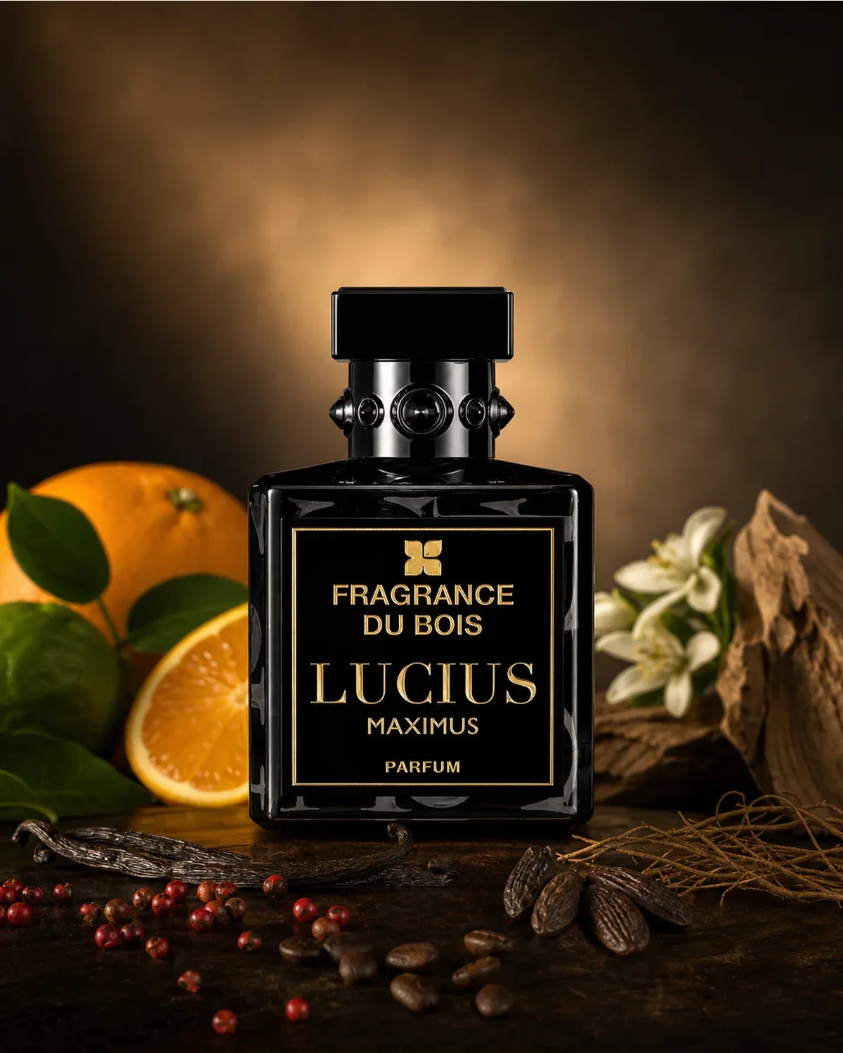 FRAGRANCE DU BOIS LUCIUS MAXIMUS PARFUM 100ml fragrance bottle in a scent-inspired setting
