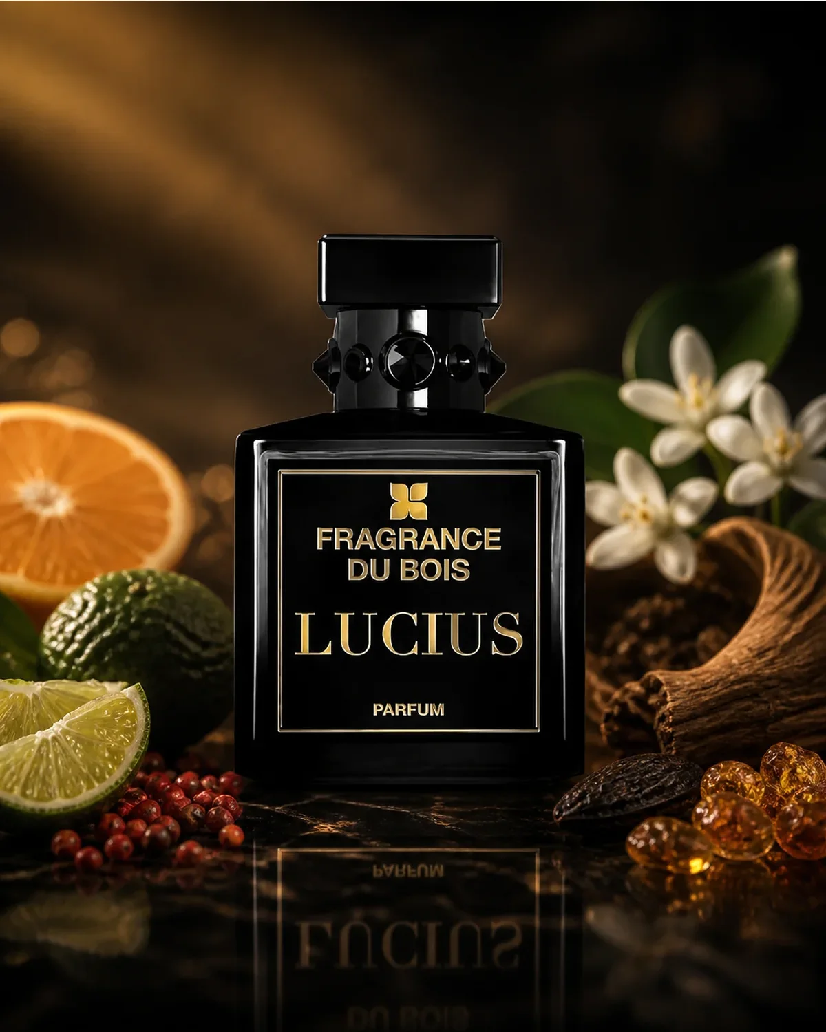 FRAGRANCE DU BOIS LUCIUS PARFUM 100ml fragrance bottle in a scent-inspired setting