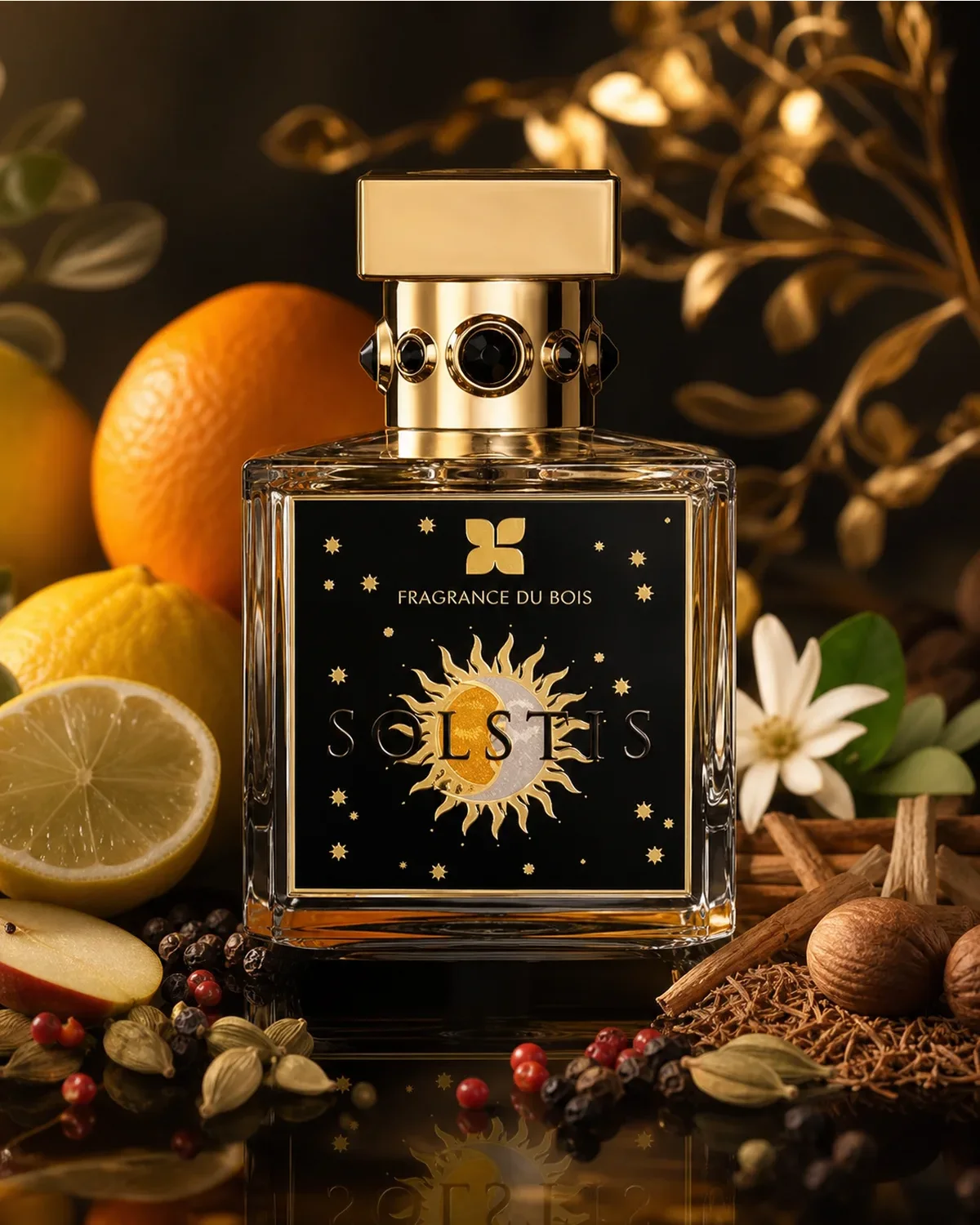 FRAGRANCE DU BOIS SOLSTIS PARFUM 100ml fragrance bottle in a scent-inspired setting