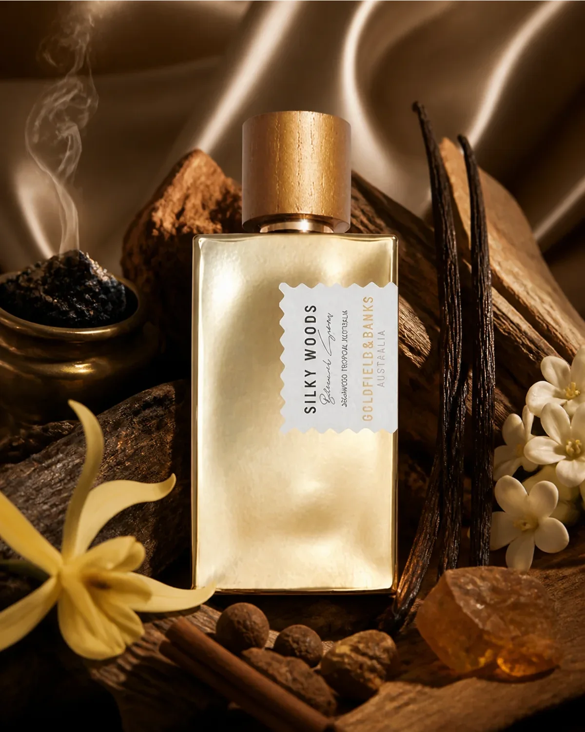 GOLDFIELD & BANKS SILKY WOODS EDP 100ml fragrance bottle in a scent-inspired setting