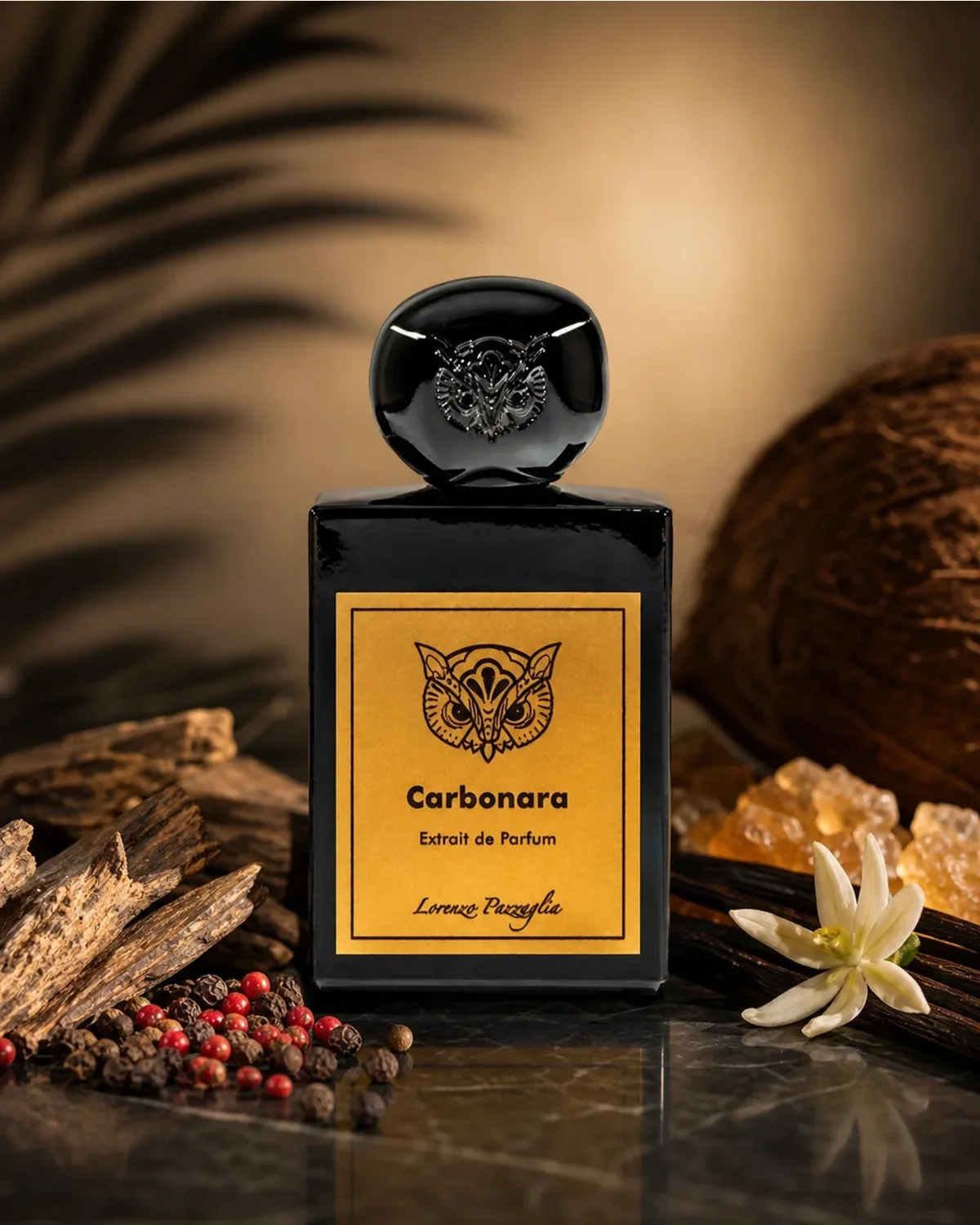 LORENZO PAZAGLIA CARBONARA EXTRAIT DE PARFUM 50ml fragrance bottle in a scent-inspired setting