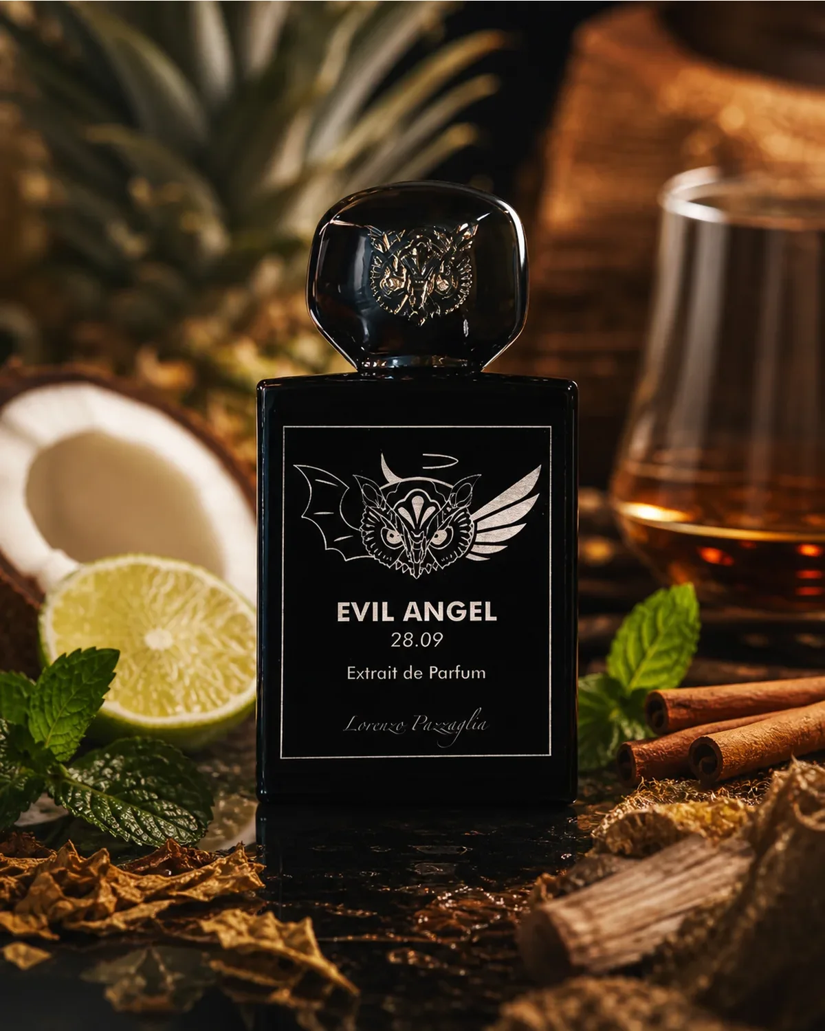 LORENZO PAZAGLIA EVIL ANGEL EXTRAIT DE PARFUM 50ml fragrance bottle in acent-inspired setting