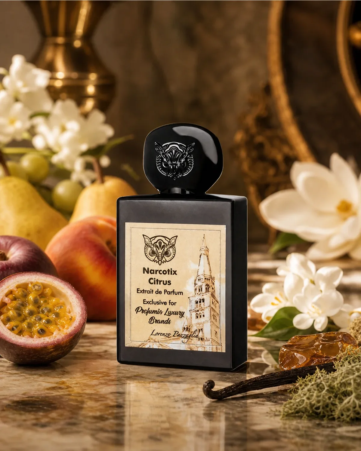 LORENZO PAZAGLIA NARCOTIX CITRUS EXTRAIT DE PARFUM 50ml fragrance bottle in a scent-inspired setting
