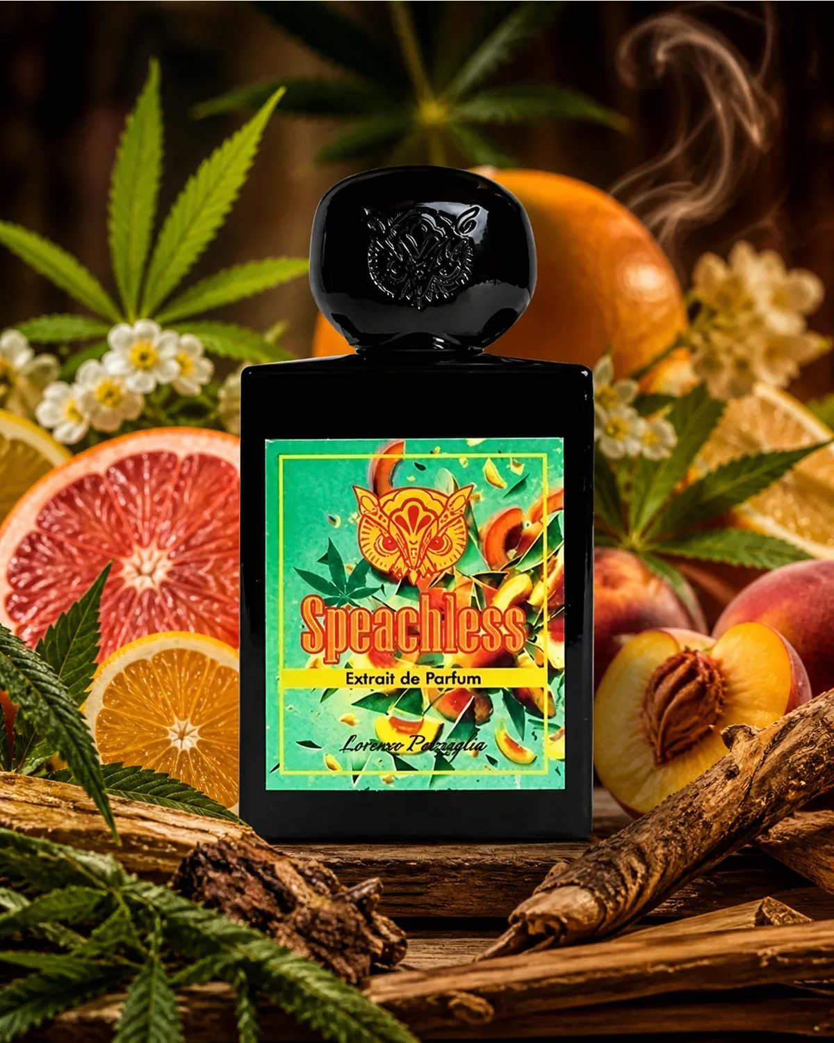 LORENZO PAZAGLIA SPEACHLESS EXTRAIT DE PARFUM 50ml fragrance bottle in acent-inspired setting