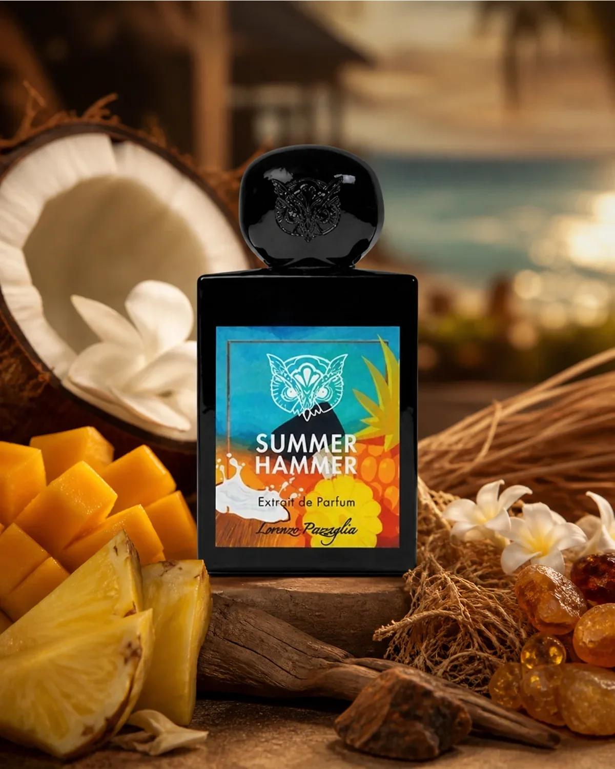 LORENZO PAZAGLIA SUMMER HAMMER EXTRAIT DE PARFUM 50ml fragrance bottle in acent-inspired setting