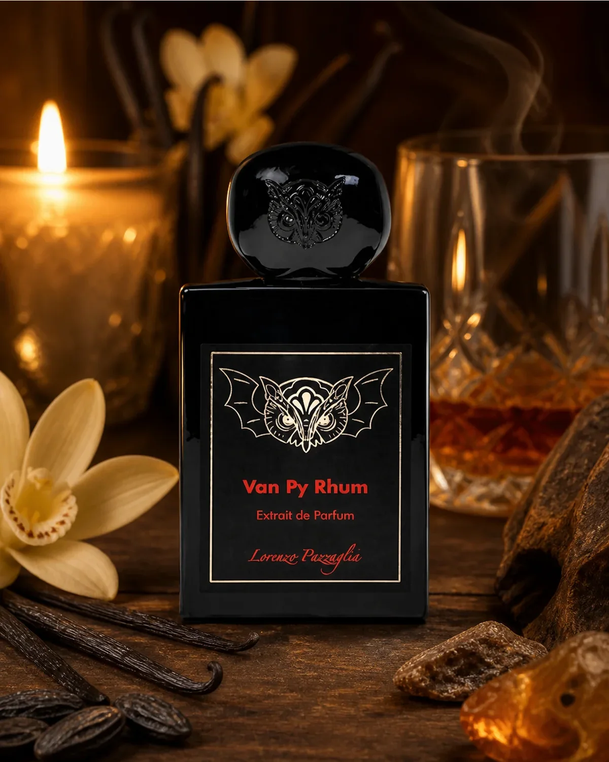 LORENZO PAZAGLIA VAN PY RHUM EXTRAIT DE PARFUM 50ml fragrance bottle in acent-inspired setting