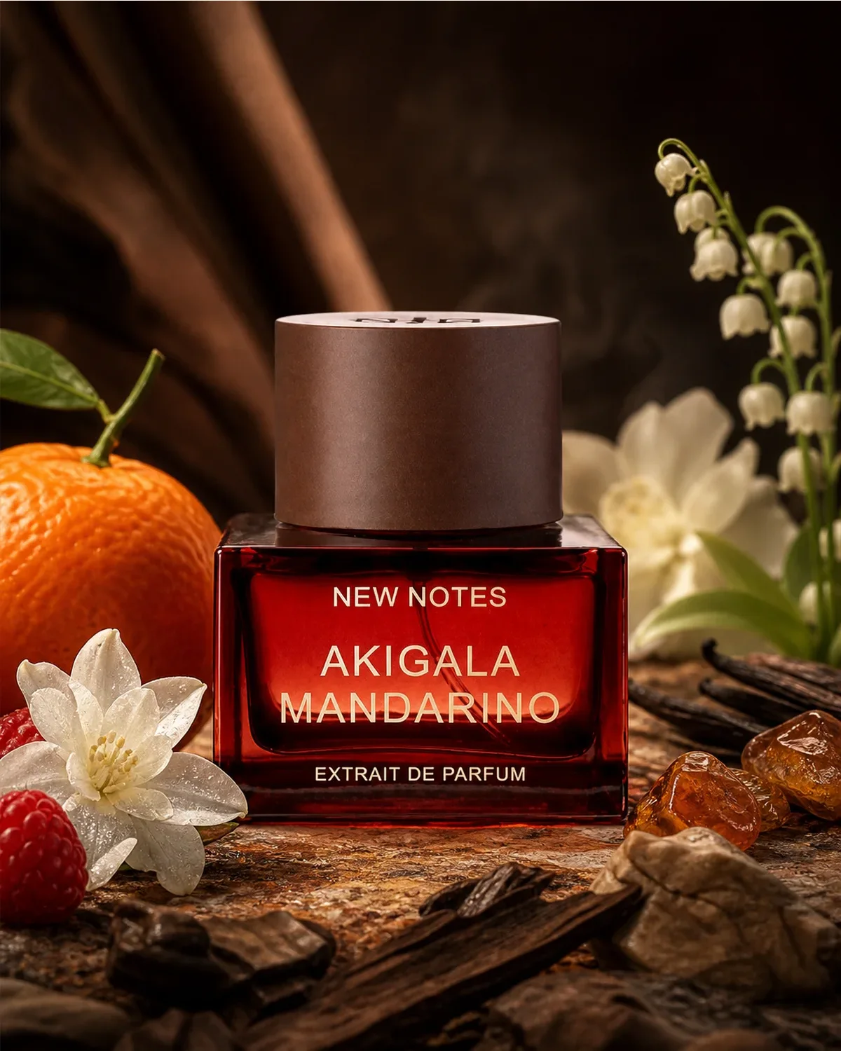 نيران جديدة AKIGALA MANDARINO EXTRAIT DE PARFUM 50ml fragrance bottle in acent-inspired setting