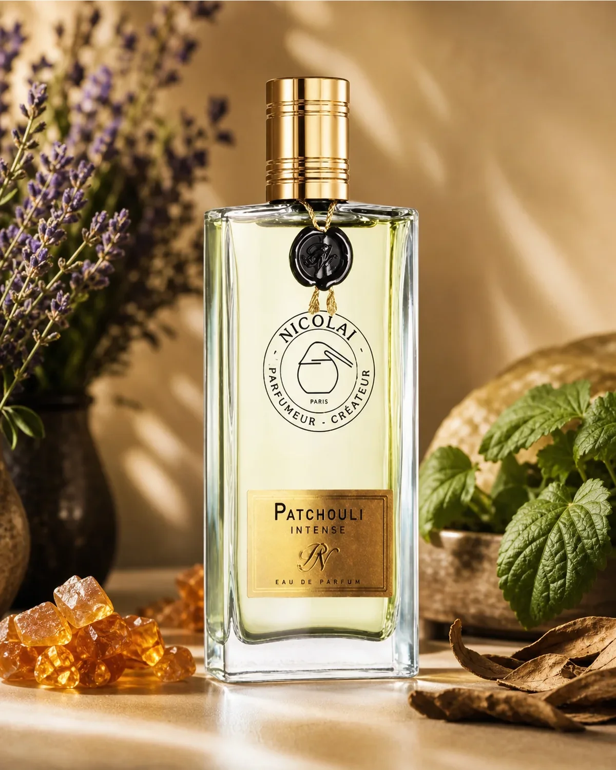 NICOLAI PATCHOULI INTENSE EDP 100ml fragrance bottle in a scent-inspired setting