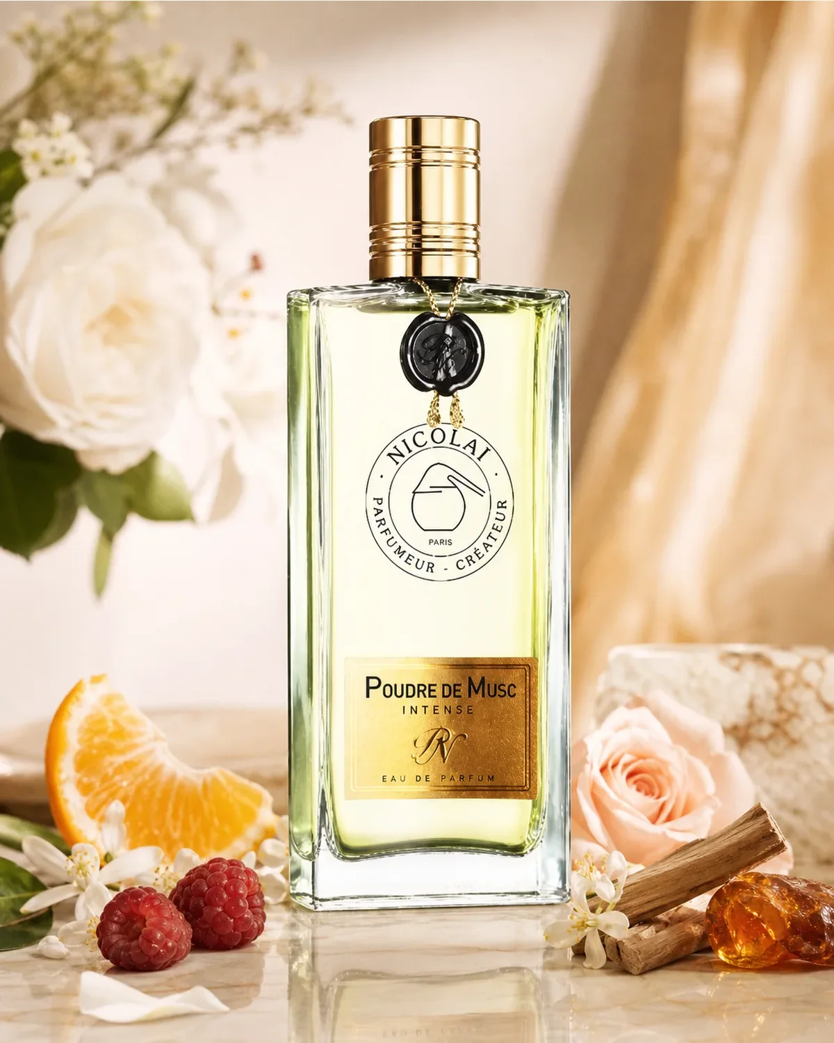 NICOLAI POUDRE DE MUSC INTENSE EDP 100ml fragrance bottle in a scent-inspired setting