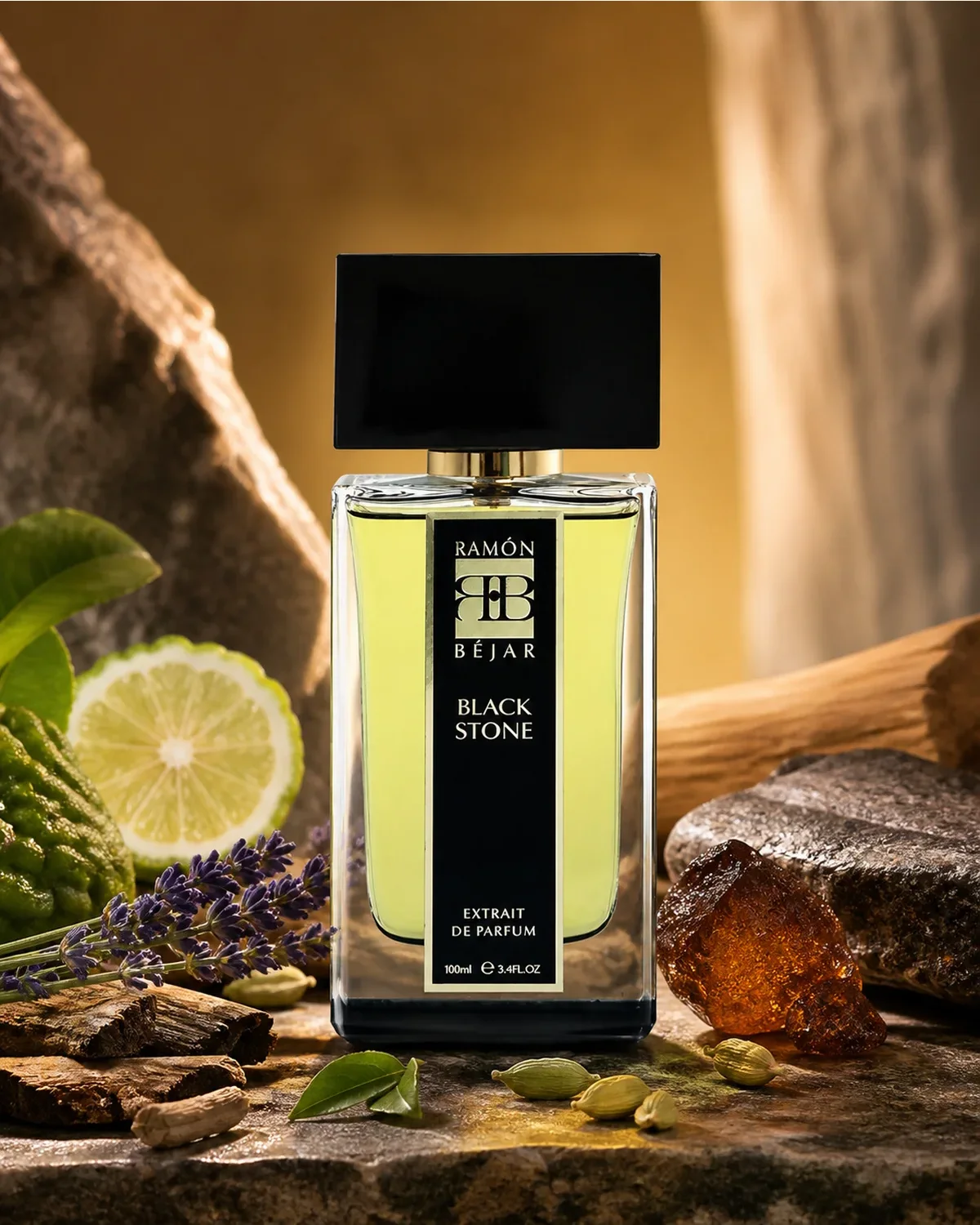 RAMON BEJAR BLACK STONE EXTRAIT DE PARFUM 100ml fragrance bottle in a scent-inspired setting