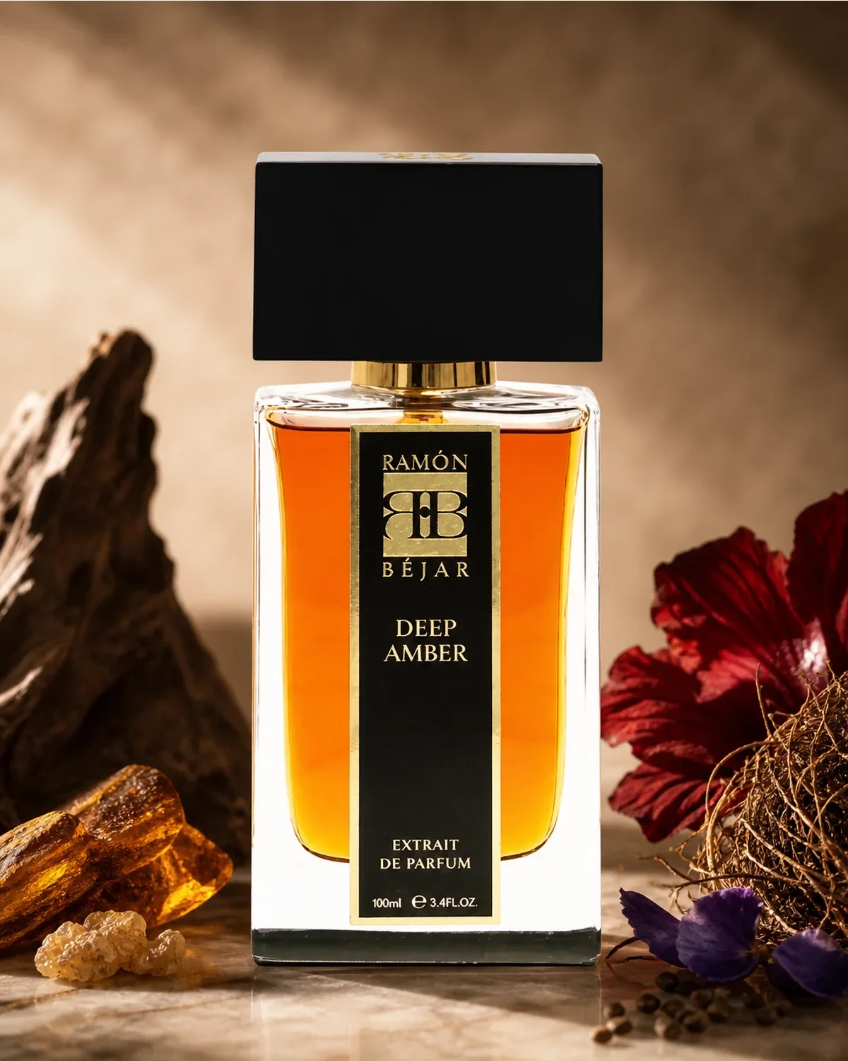 RAMON BEJAR DEEP AMBER EXTRAIT DE PARFUM 100ml fragrance bottle in a scent-inspired setting