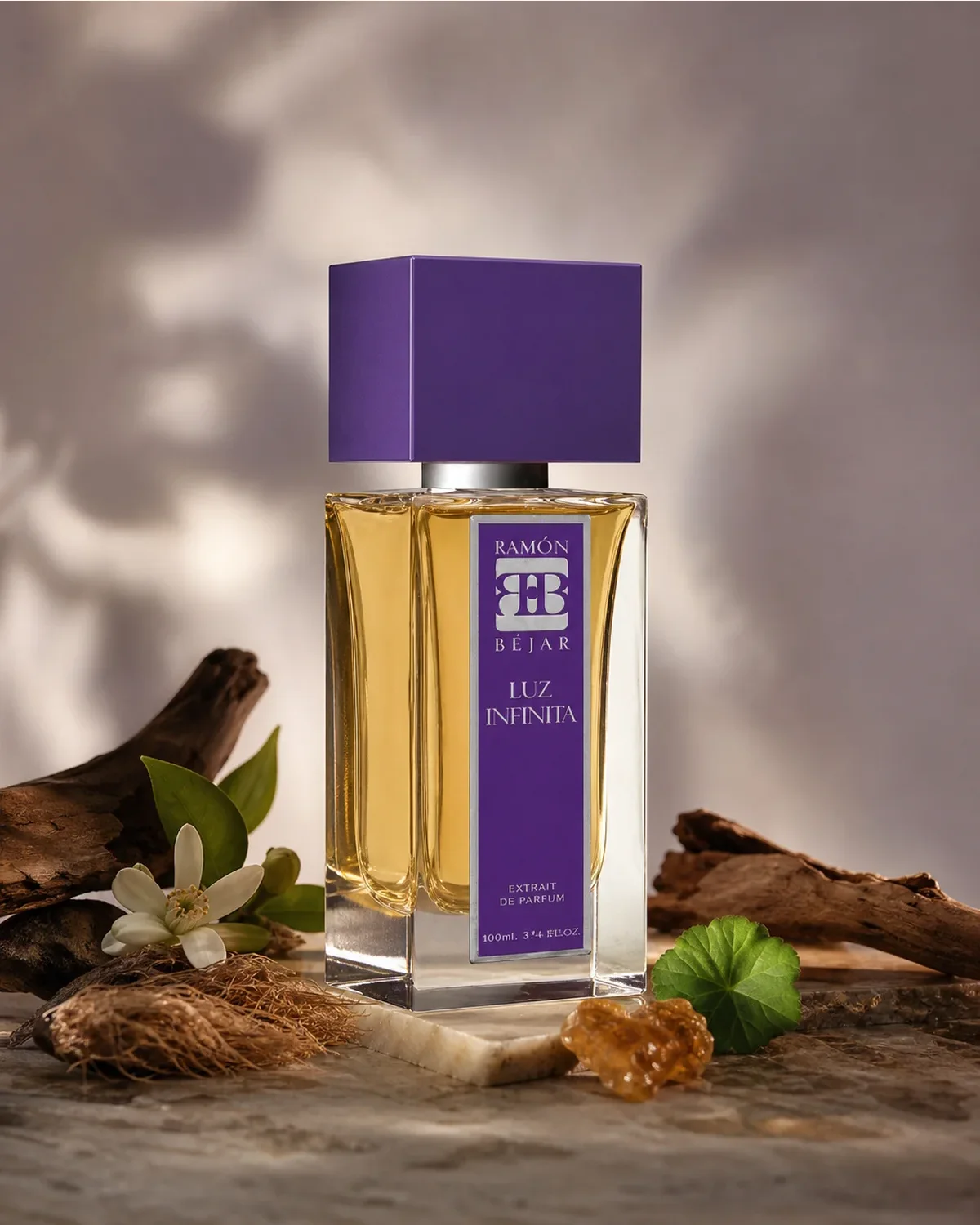 RAMON BEJAR LUZ INFINITA EXTRAIT DE PARFUM 100ml fragrance bottle in a scent-inspired setting
