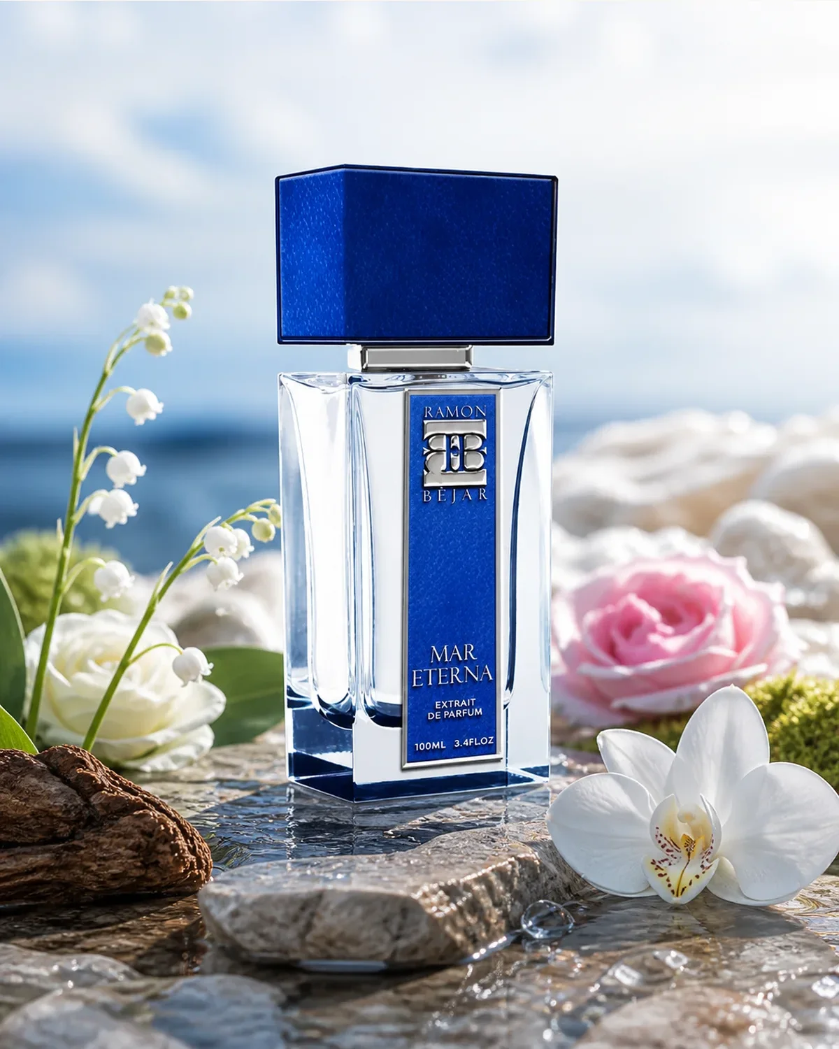 RAMON BEJAR MAR ETERNA EDP 100ml fragrance bottle in a scent-inspired setting