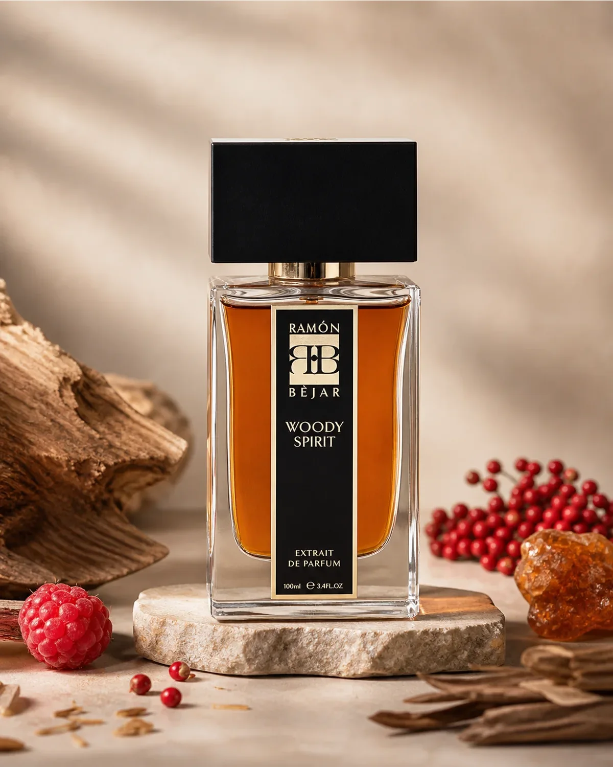 RAMON BEJAR WOODY SPIRIT EXTRAIT DE PARFUM 100ml fragrance bottle in a scent-inspired setting