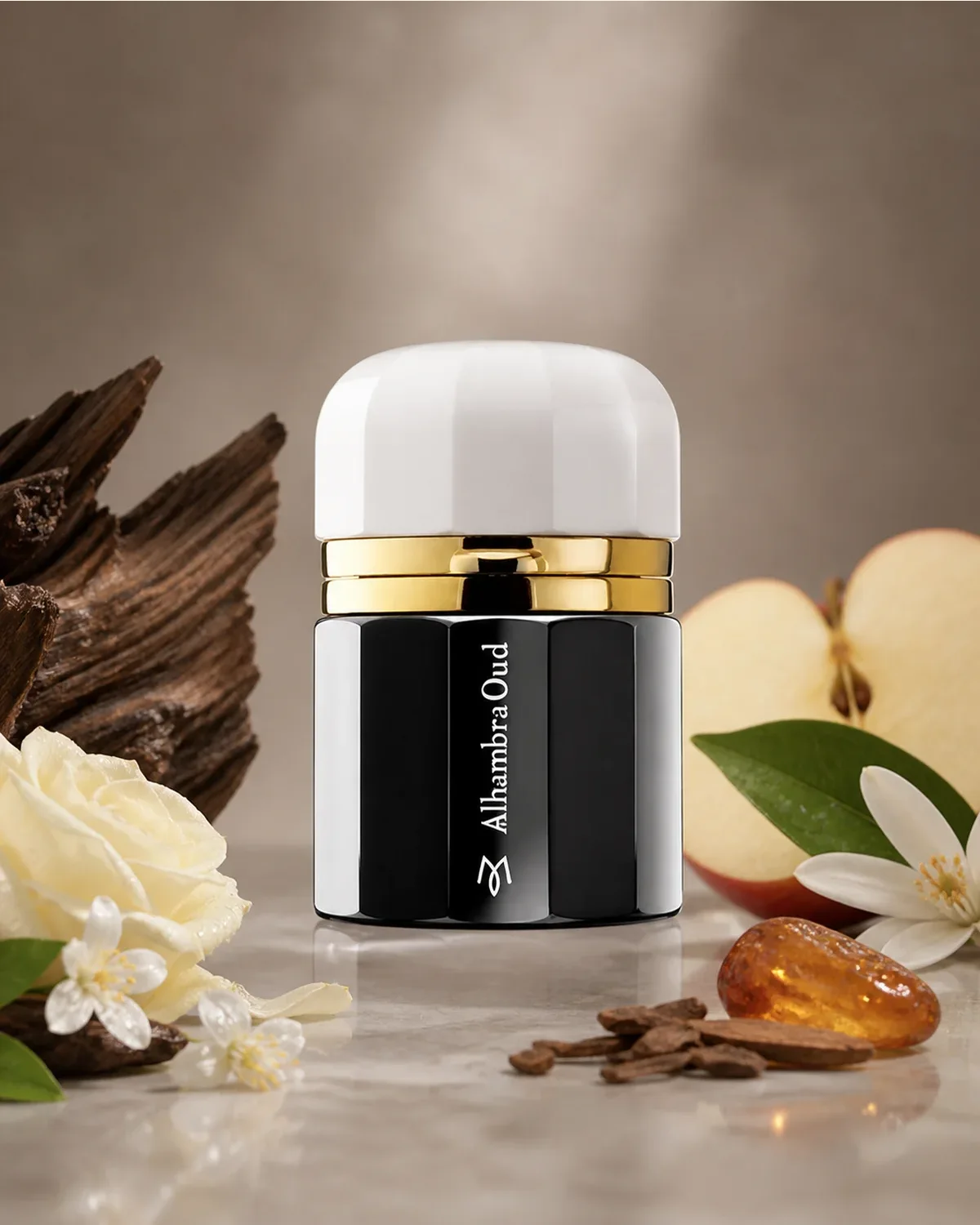 RAMON MONEGAL ALHAMBRA OUD EDP 50ml fragrance bottle in a scent-inspired setting