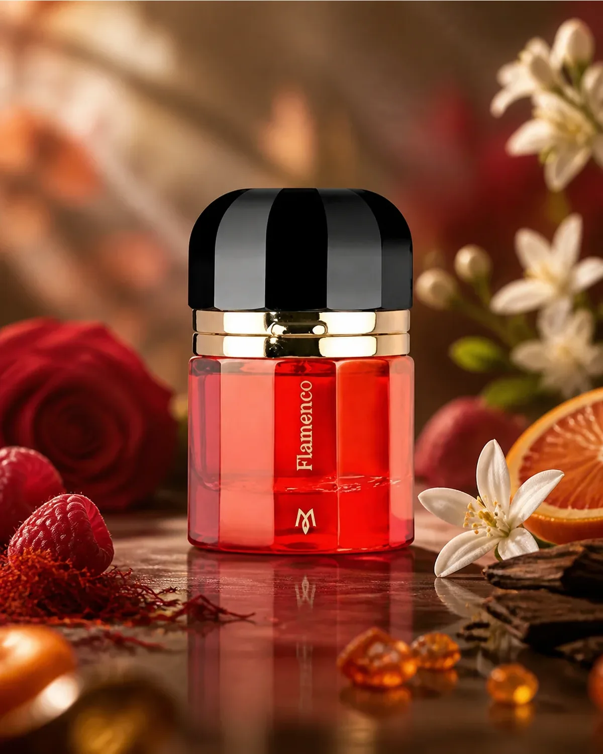 RAMON MONEGAL FLAMENCO EDP 50ml fragrance bottle in a scent-inspired setting