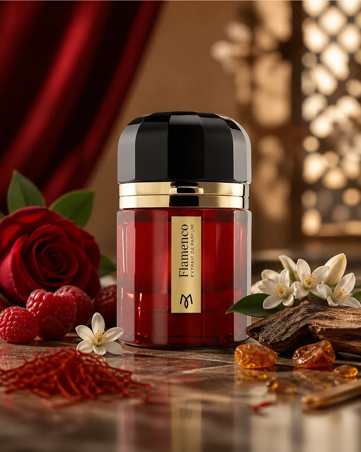 RAMON MONEGAL FLAMENCO EXTRAIT DE PARFUM 50ml fragrance bottle in a scent-inspired setting
