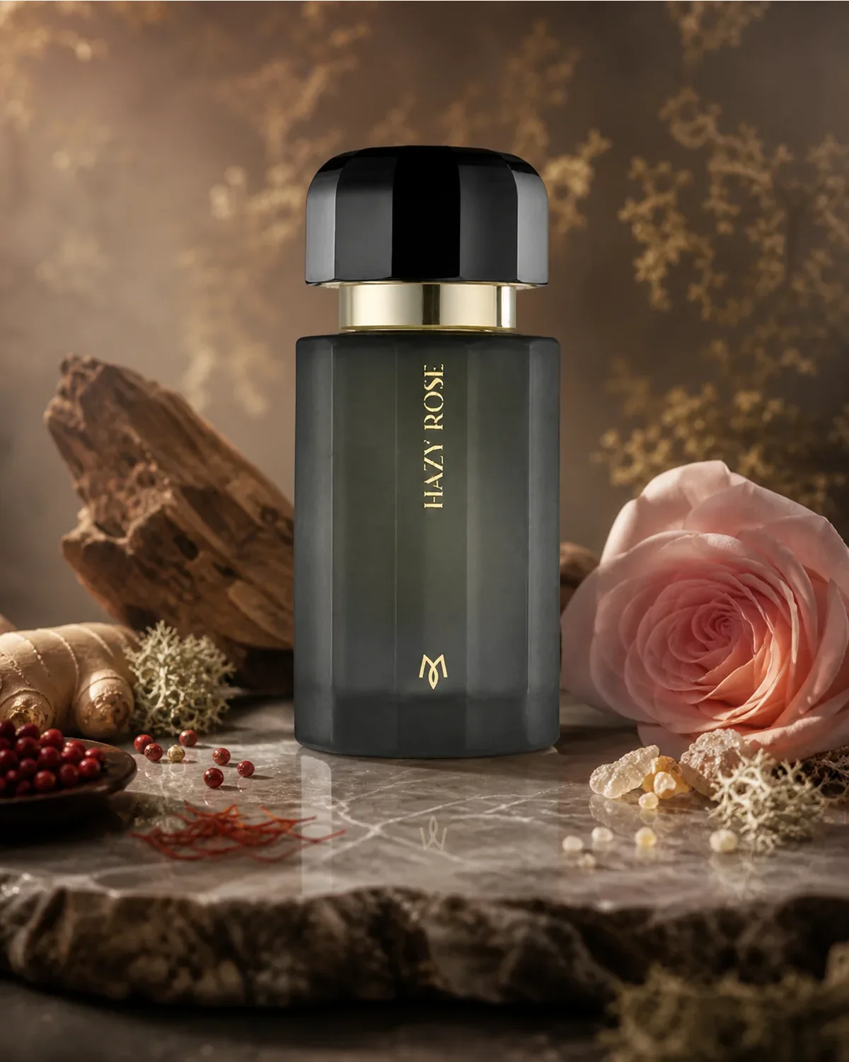 RAMON MONEGAL HAZY ROSE EDP 100ml fragrance bottle in a scent-inspired setting