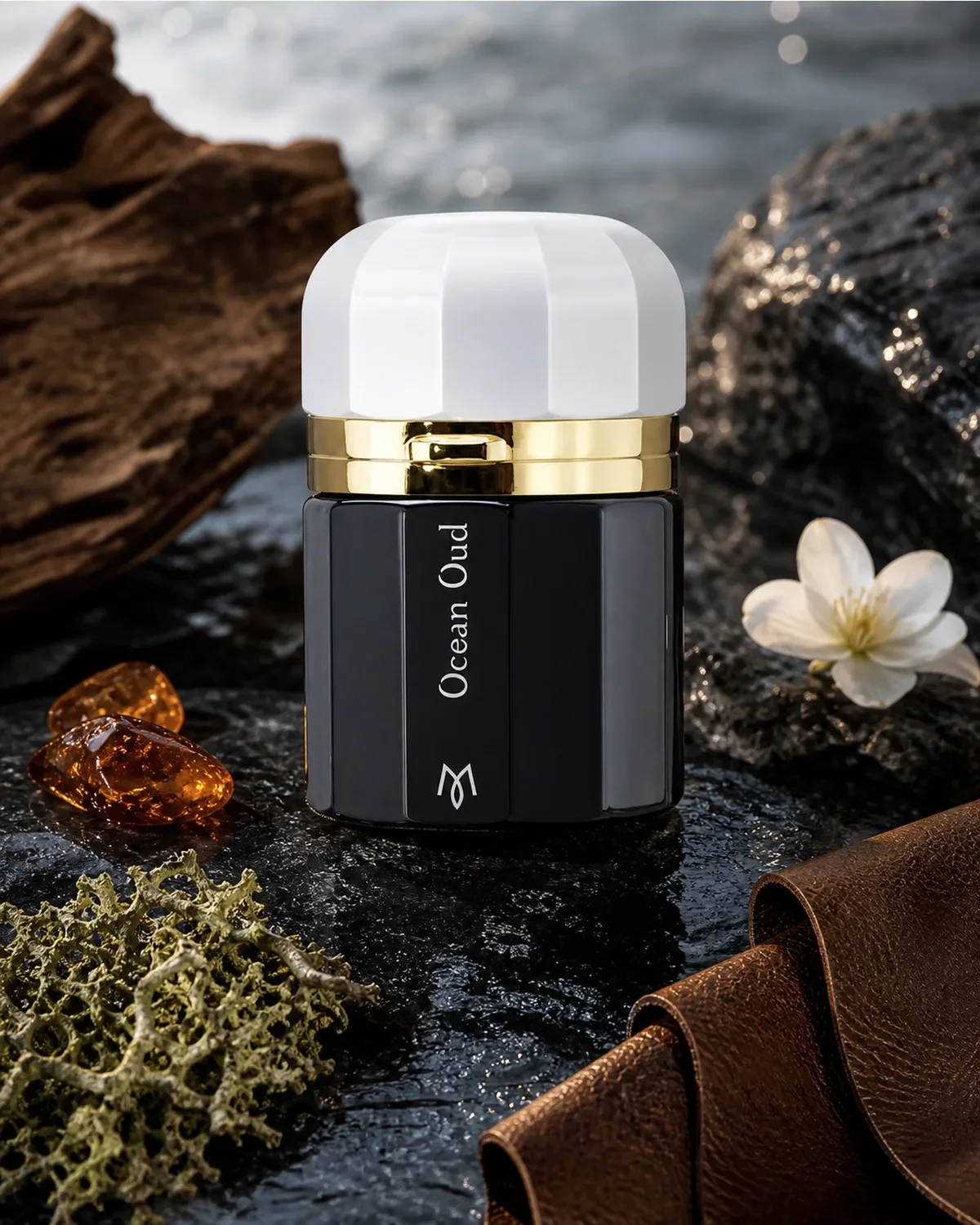 RAMON MONEGAL OCEAN OUD EDP 50ml fragrance bottle in a scent-inspired setting