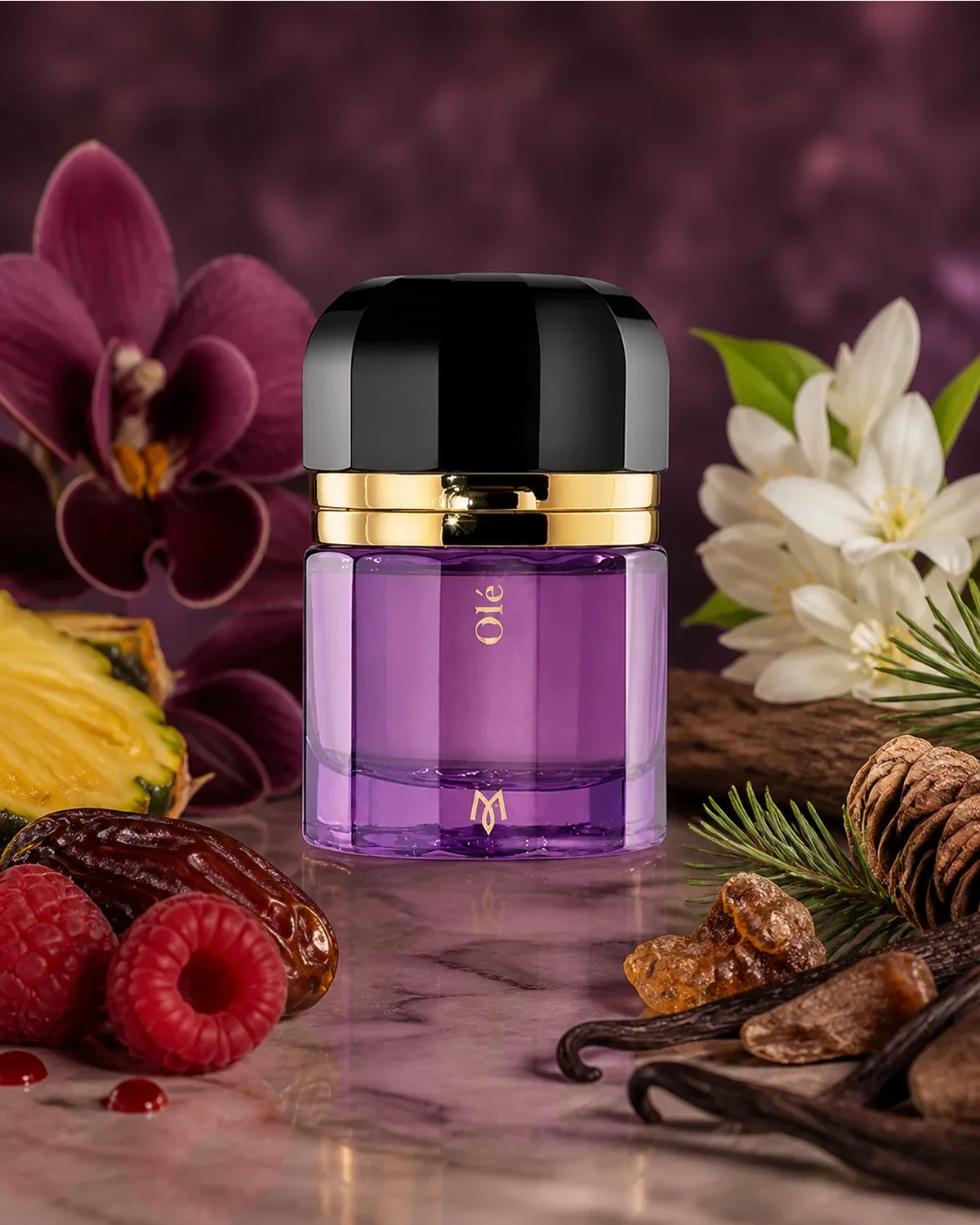 RAMON MONEGAL OLE EDP 50ml fragrance bottle in a scent-inspired setting