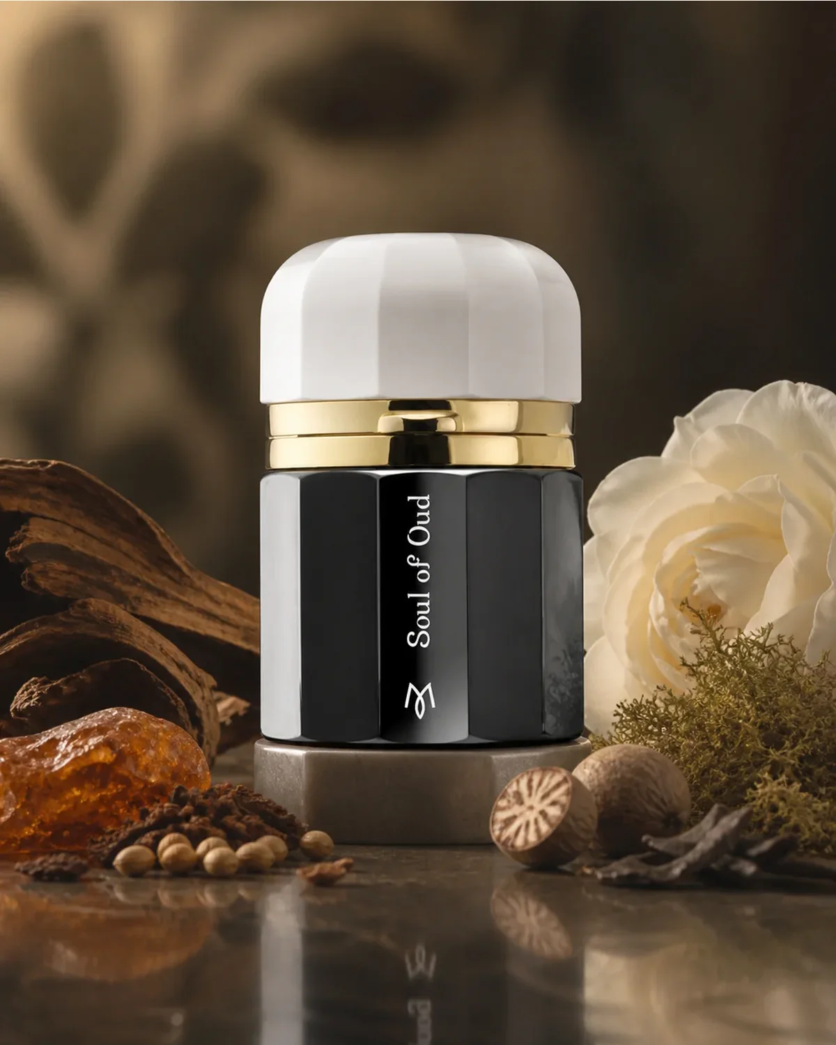 RAMON MONEGAL SOUL OF OUD EDP 50ml fragrance bottle in a scent-inspired setting