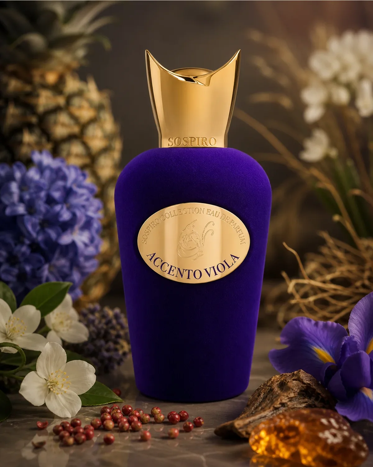 SoSPIRO ACCENTO VIOLA EDP 100ml fragrance bottle in a scent-inspired setting