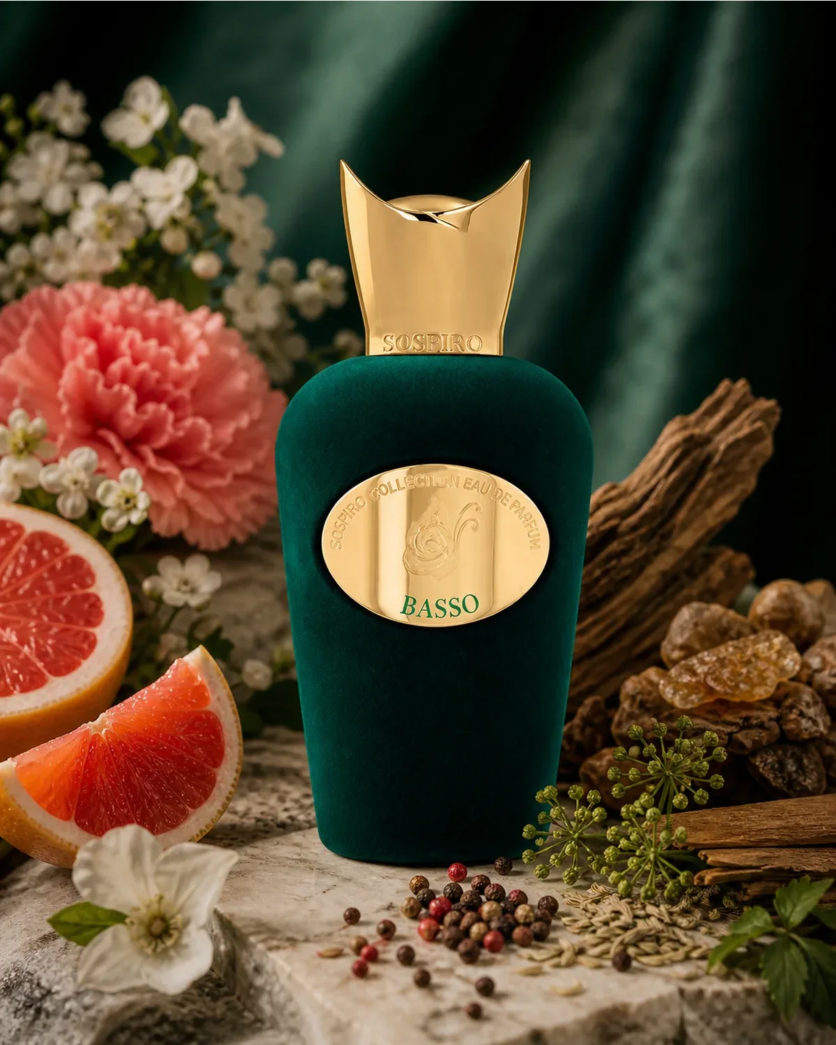 SOSPIRO BASSO EDP 100ml fragrance bottle in a scent-inspired setting