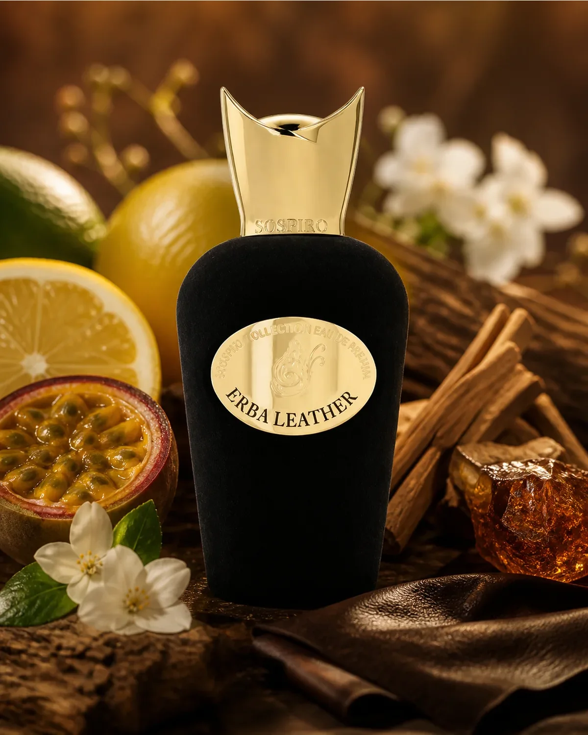 SOSPIRO ERBA LEATHER EDP 100ml fragrance bottle in a scent-inspired setting