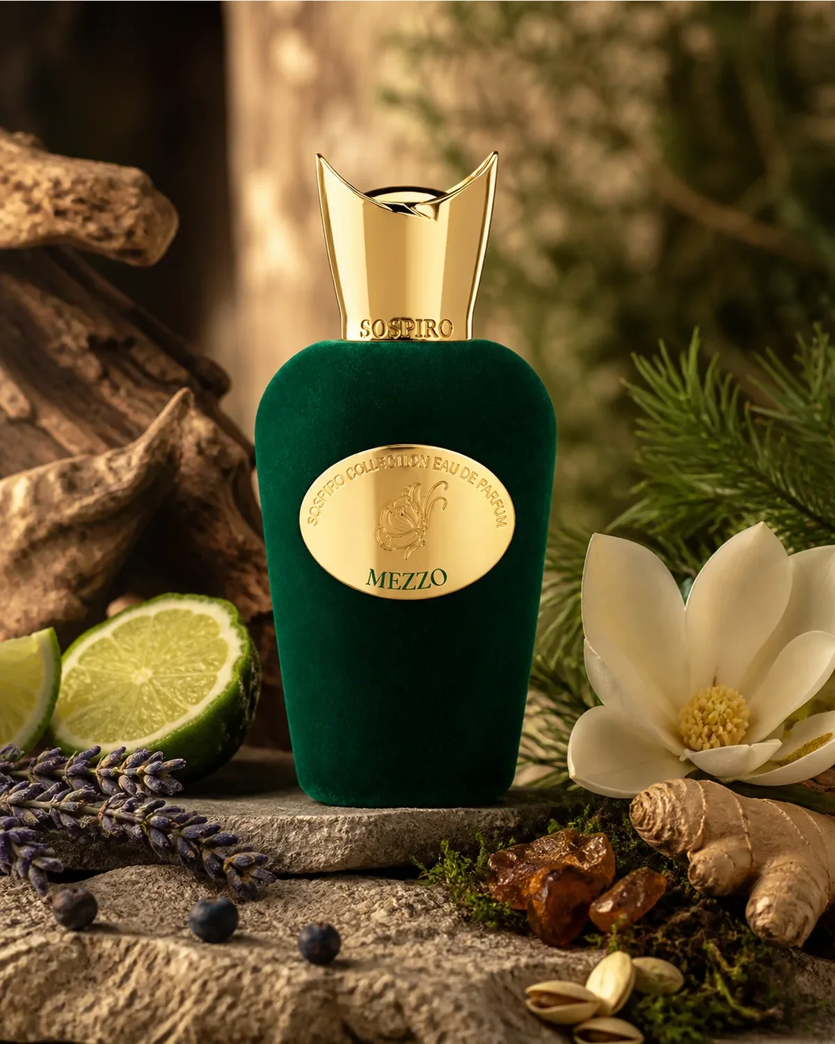 SoSPIRO MEZO EDP 100ml fragrance bottle in a scent-inspired setting