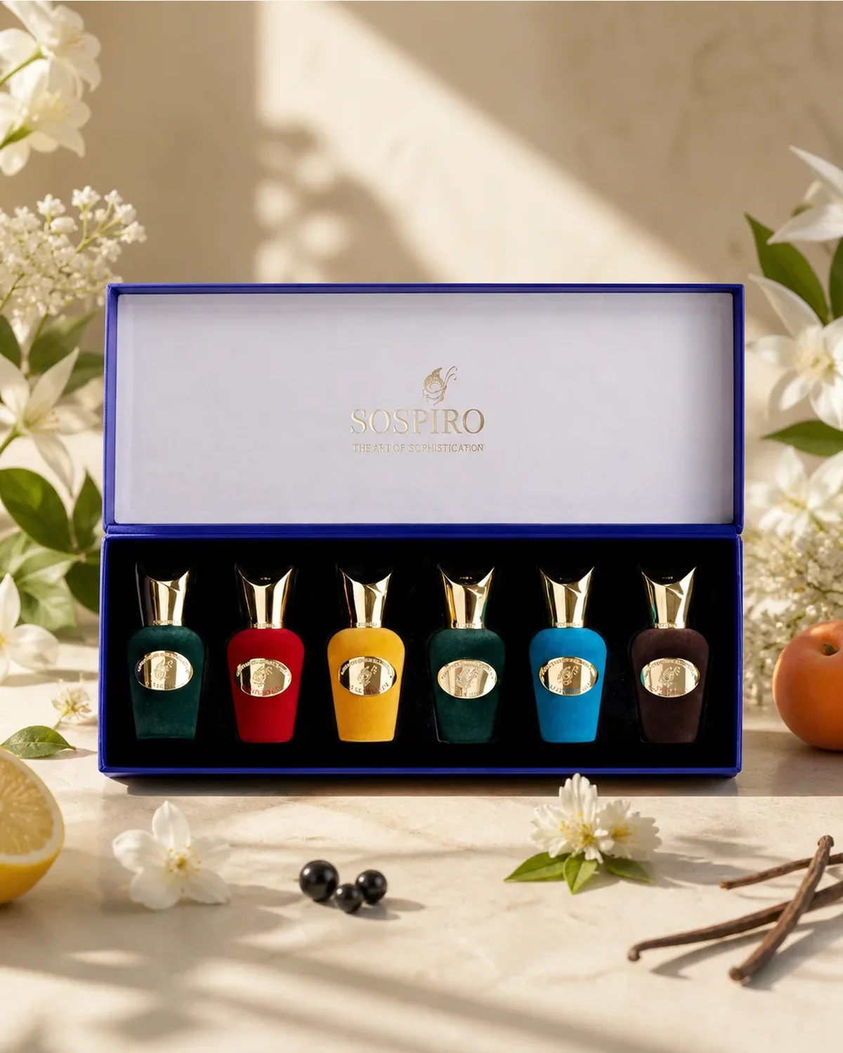 SOSPIRO MINIATURE SET 6PCS X 15ml fragrance bottle in a scent-inspired setting