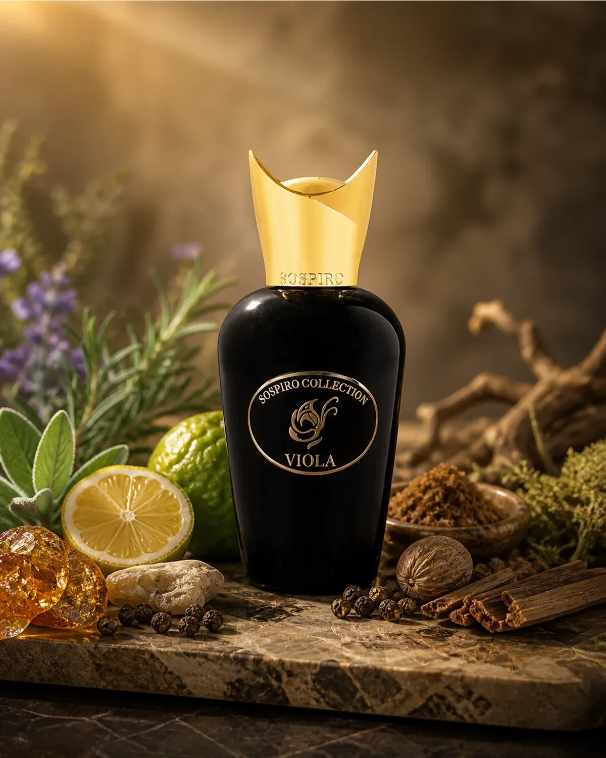 SSPIRO VIOLA EDP 75ml fragrance bottle in a scent-inspired setting