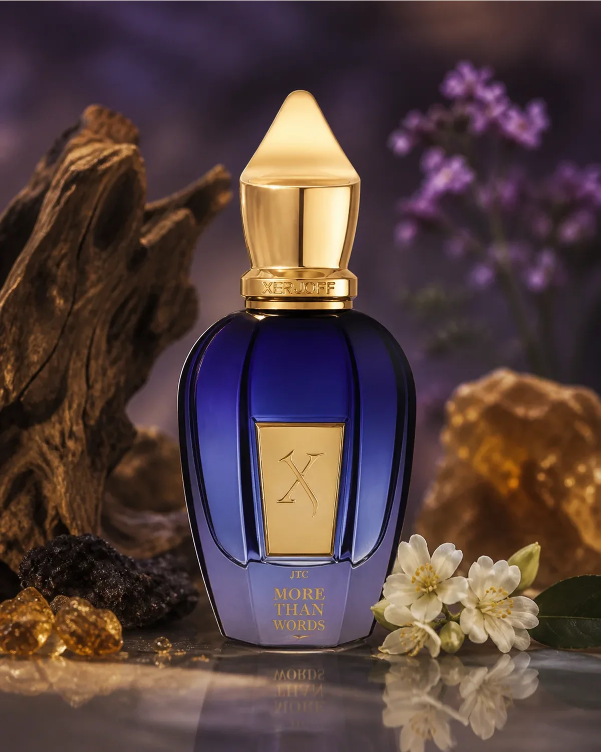 XERJOFF JOIN THE CLUB MORE THAN WORDS EDP 50ml fragrance bottle in a scent-inspired setting